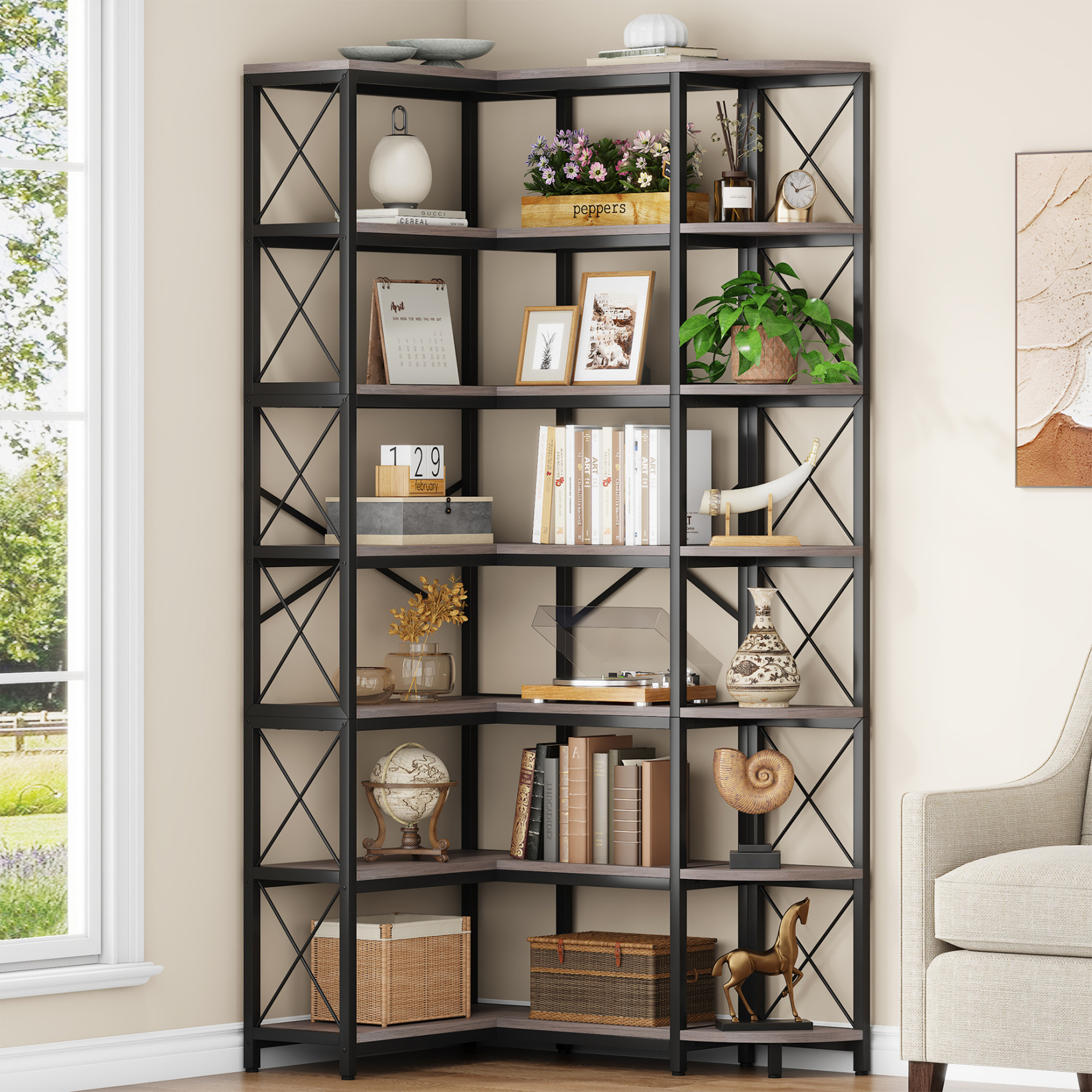 L Shape Show Rack VANOMi 7-Tier Corner Bookcase Industrial L-Shaped Display Rack
