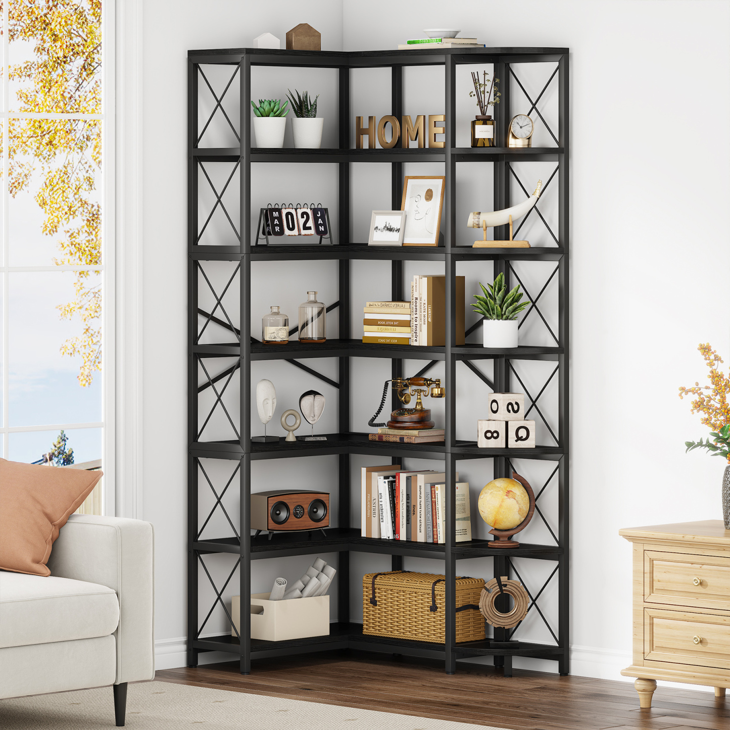 VANOMi 7-Shelf Reversible Corner Bookcase for Living Room