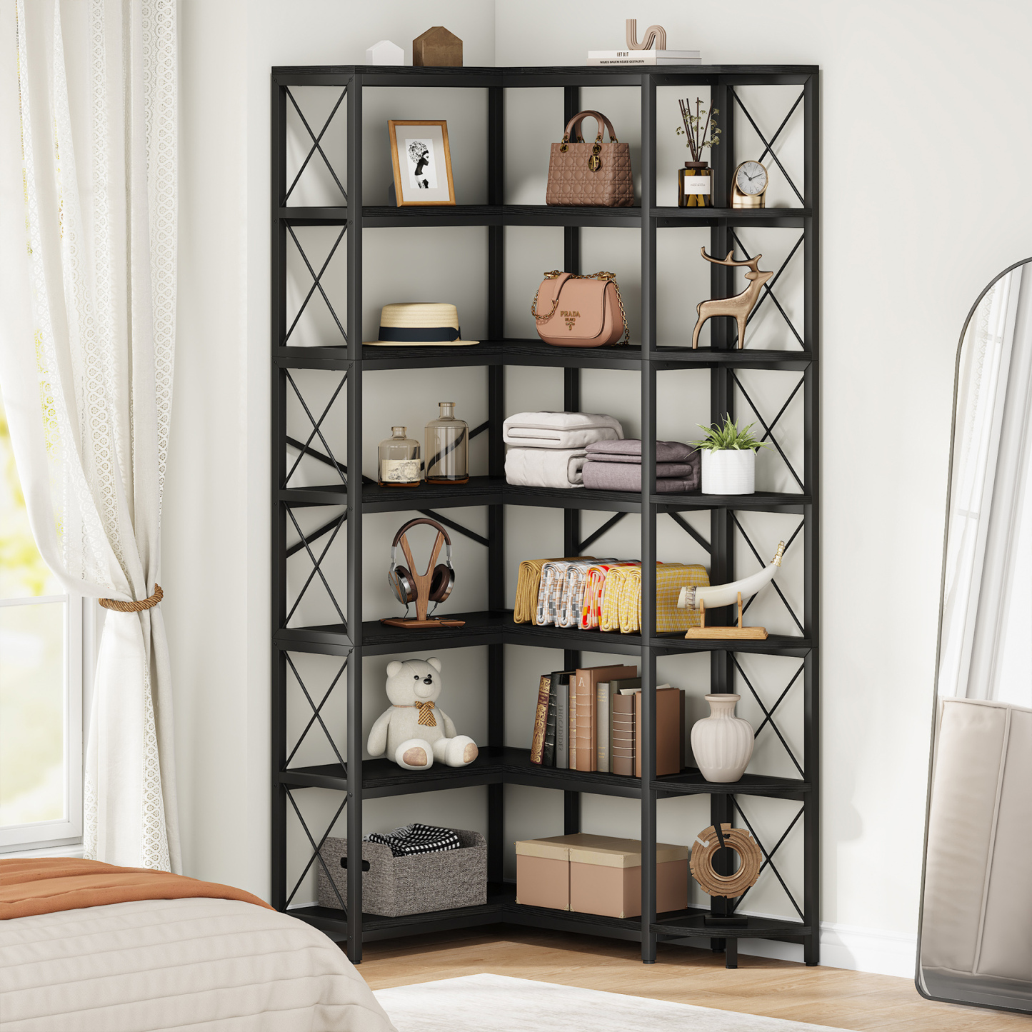 VANOMi 7-Shelf Reversible Corner Bookcase for Bedroom