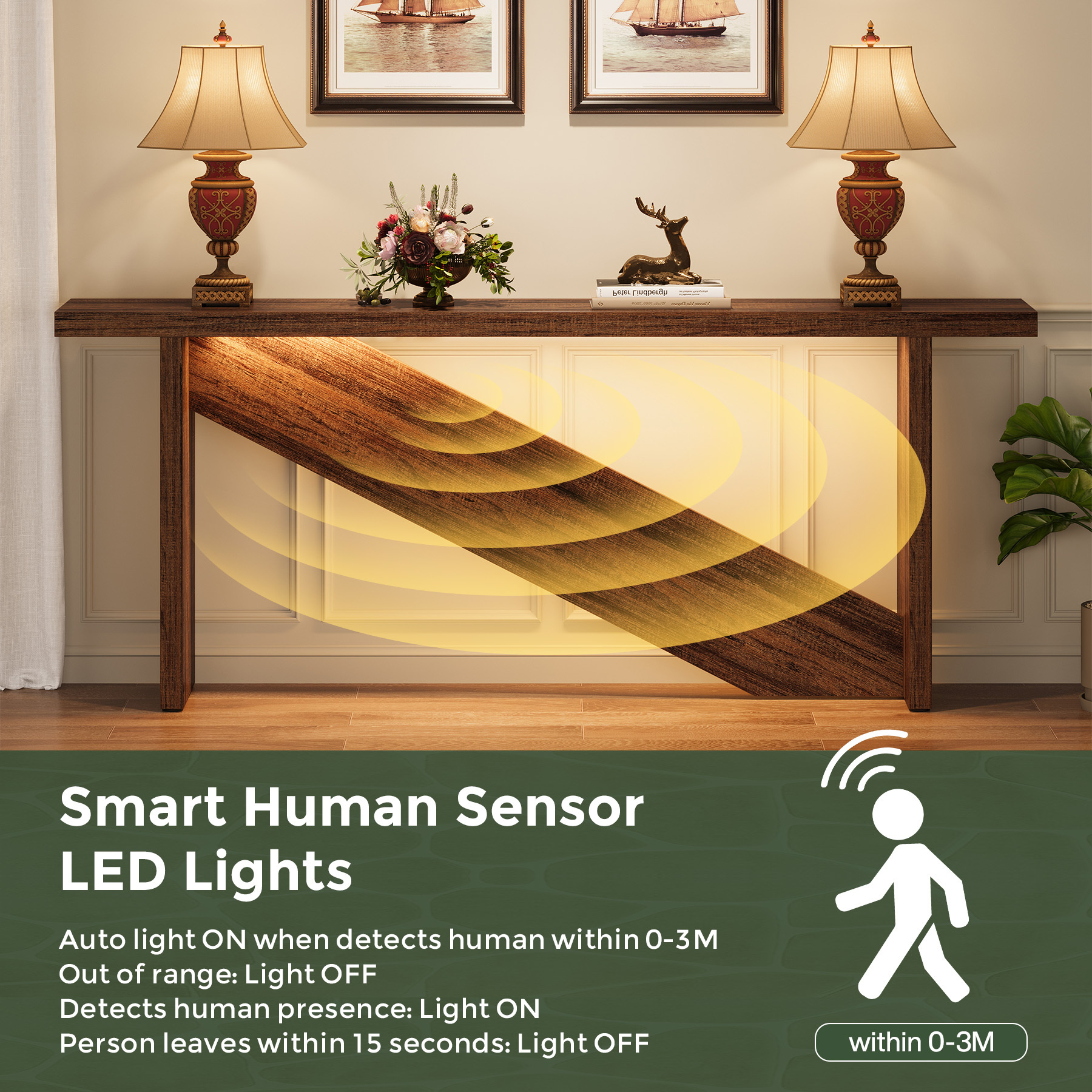 VANOMi 70.86" Rustic Industrial Console Table with Smart LEDs