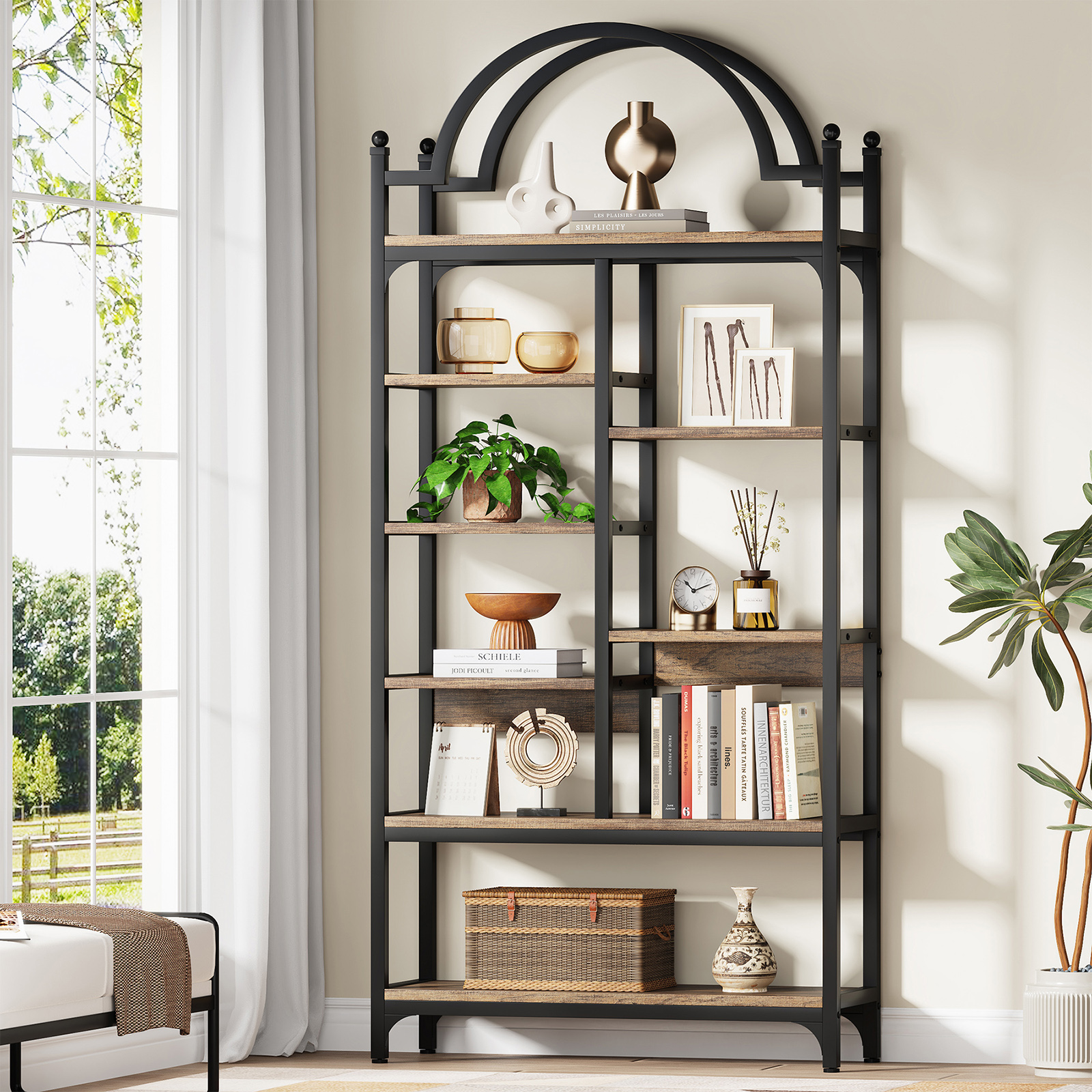 VANOMi 71" Tall Arched Industrial Bookshelf, 8-Tier Display Shelf for Living Room, Bedroom, Office, Kitchen