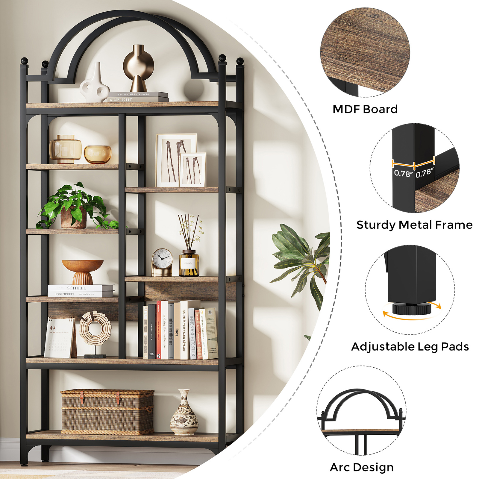 VANOMi 71" Tall Arched Industrial Bookshelf, 8-Tier Display Shelf for Living Room, Bedroom, Office, Kitchen