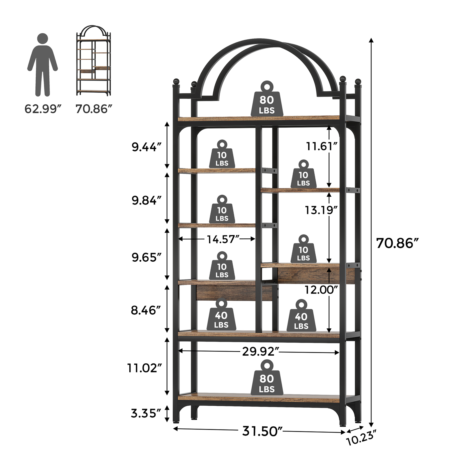 VANOMi 71" Tall Arched Industrial Bookshelf, 8-Tier Display Shelf for Living Room, Bedroom, Office, Kitchen