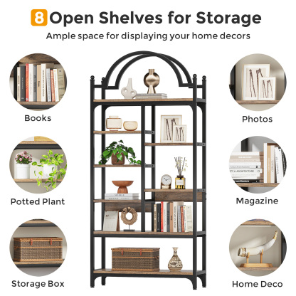 VANOMi 71" Tall Arched Industrial Bookshelf, 8-Tier Display Shelf for Living Room, Bedroom, Office, Kitchen