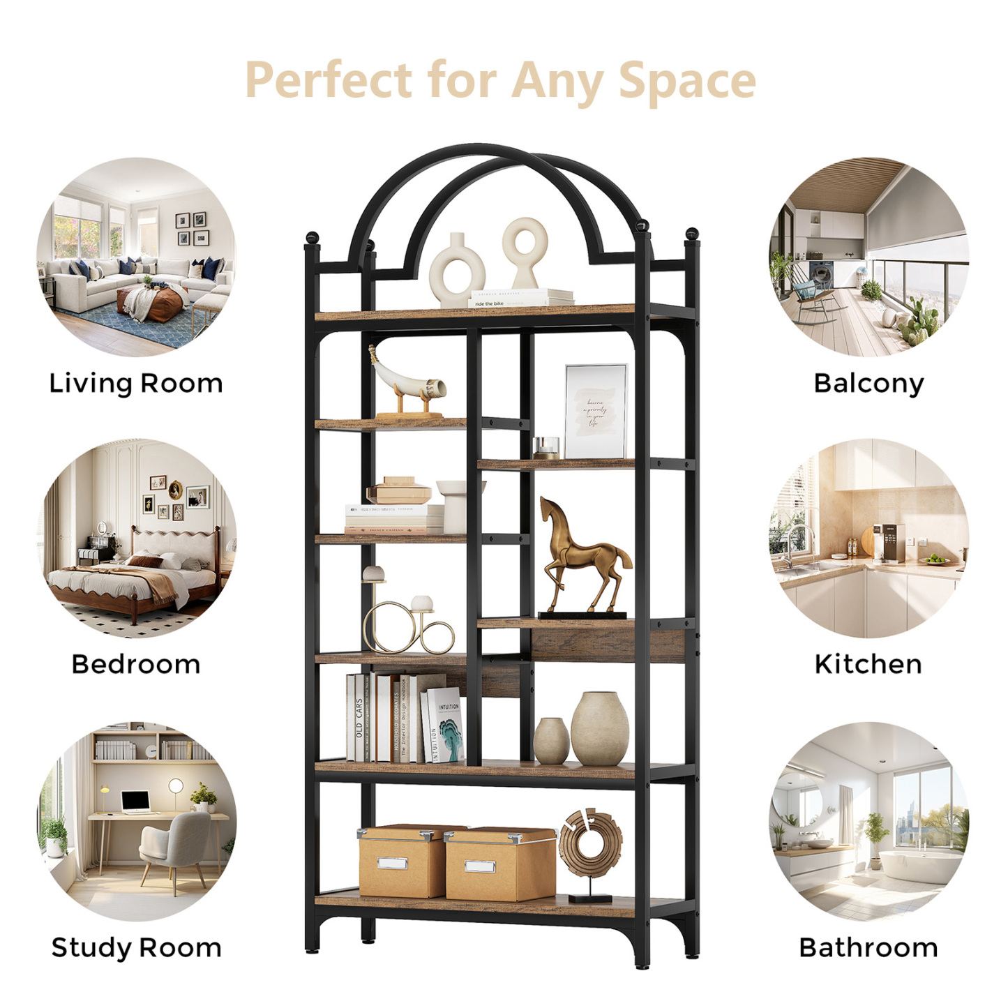VANOMi 71" Tall Arched Industrial Bookshelf, 8-Tier Display Shelf for Living Room, Bedroom, Office, Kitchen
