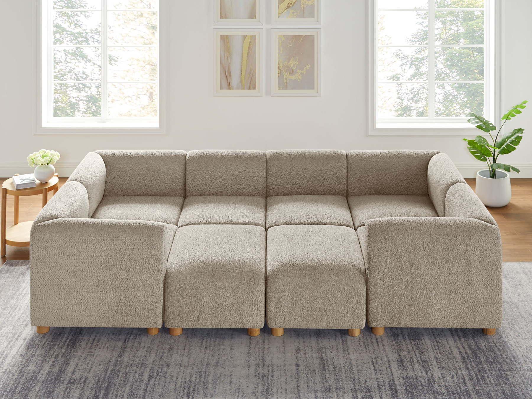 VANOMi 8-Seater Oversized Camel Boucle Modular Sofa with Ottoman