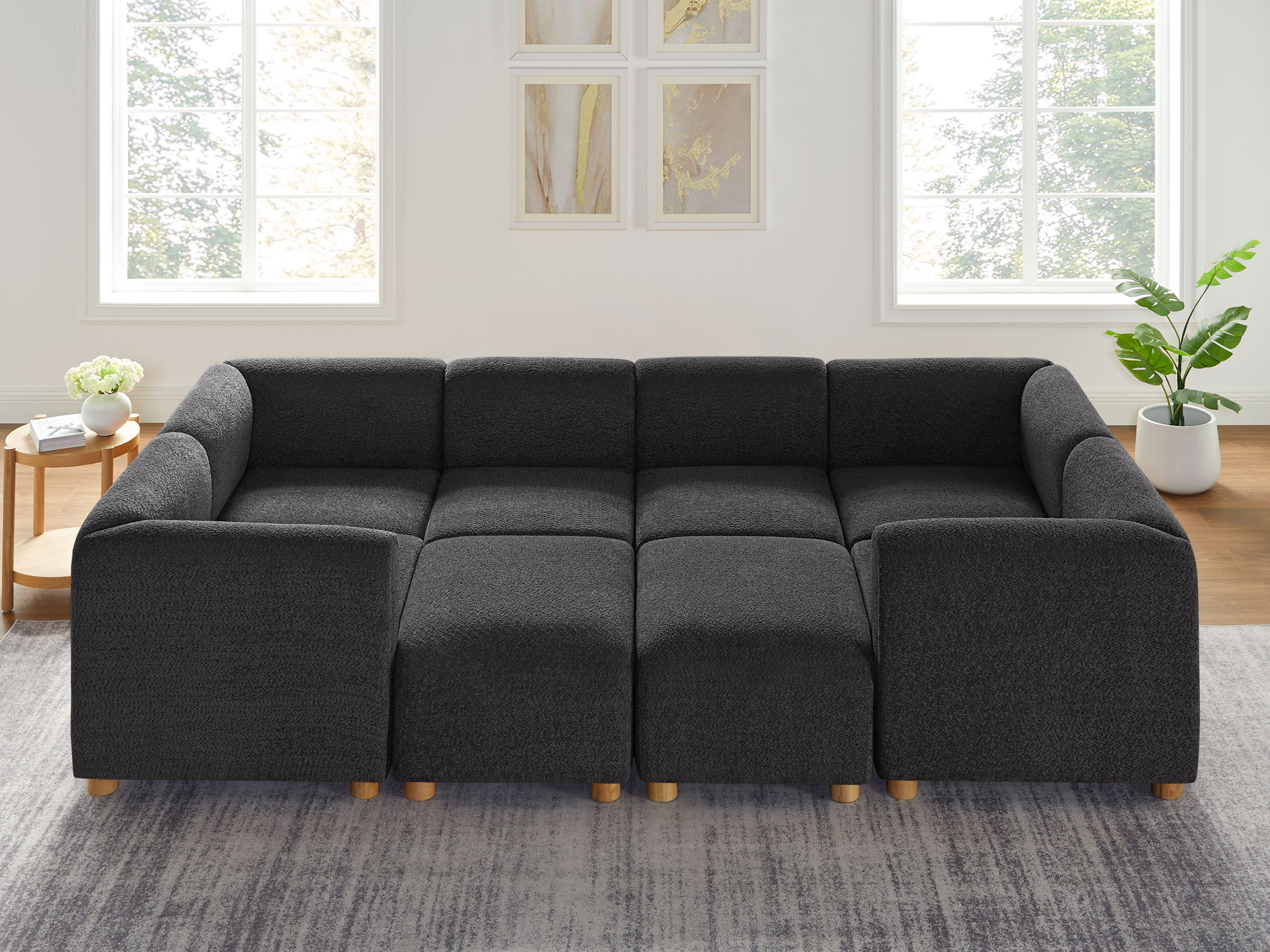 VANOMi 8-Seater Oversized Dark Grey Boucle Modular Sofa Bed with Ottoman