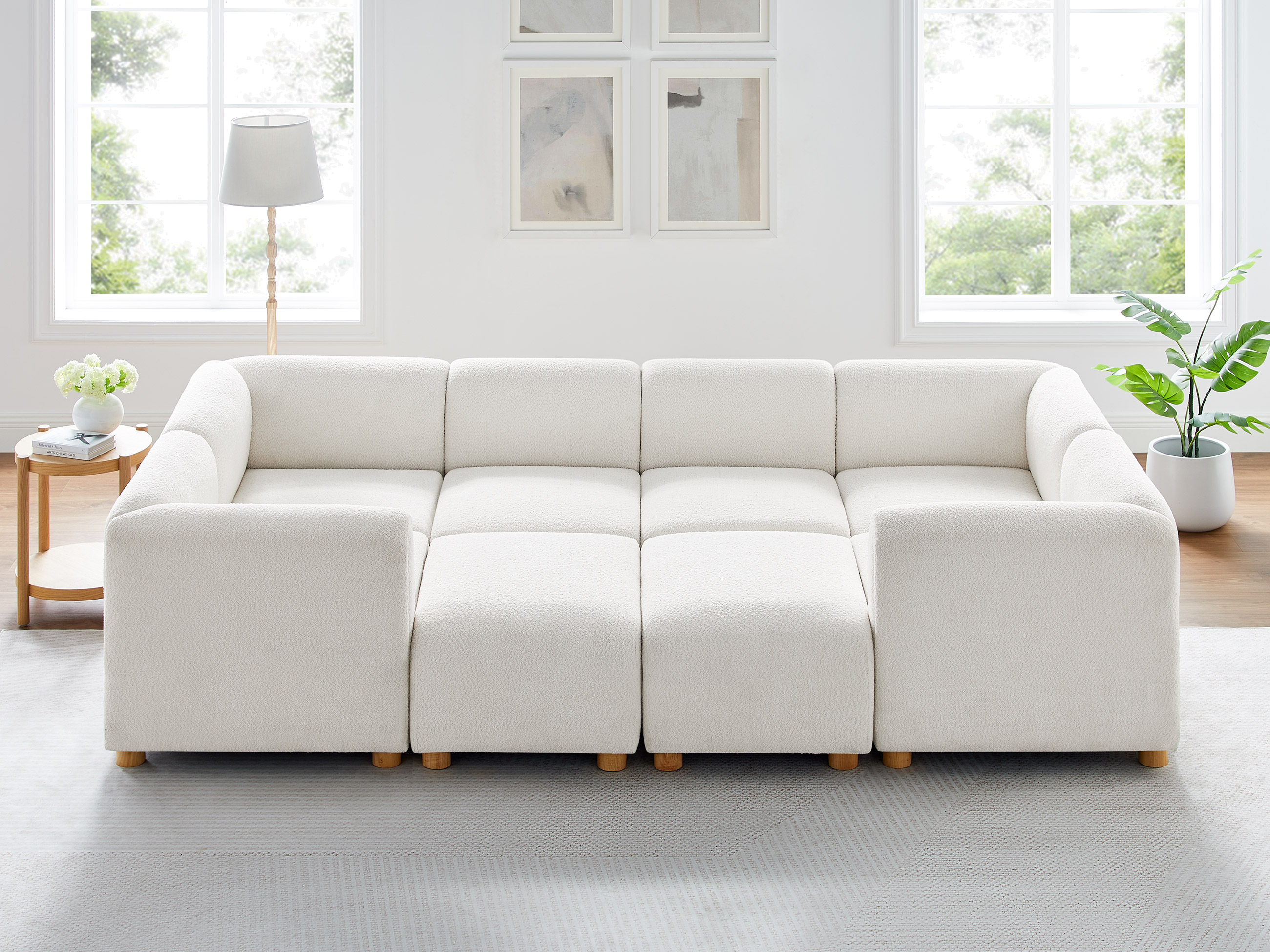 117'' 8 Seat White Boucle Modular Sofa Bed with Ottomans VANOMi