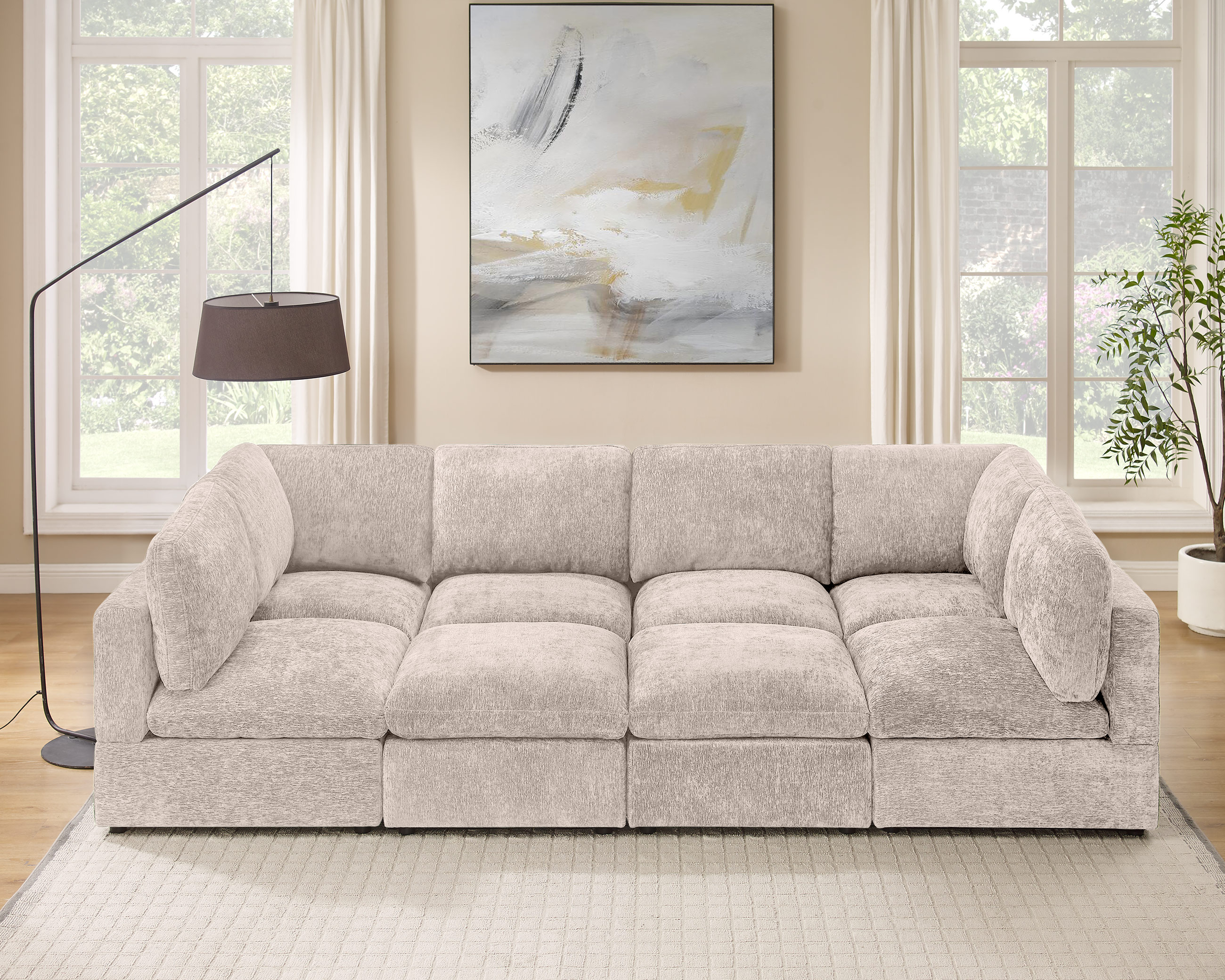 94''-121'' L/U Shaped 8 Seat Chenille Modular Sofa Bed with Ottomans Camel