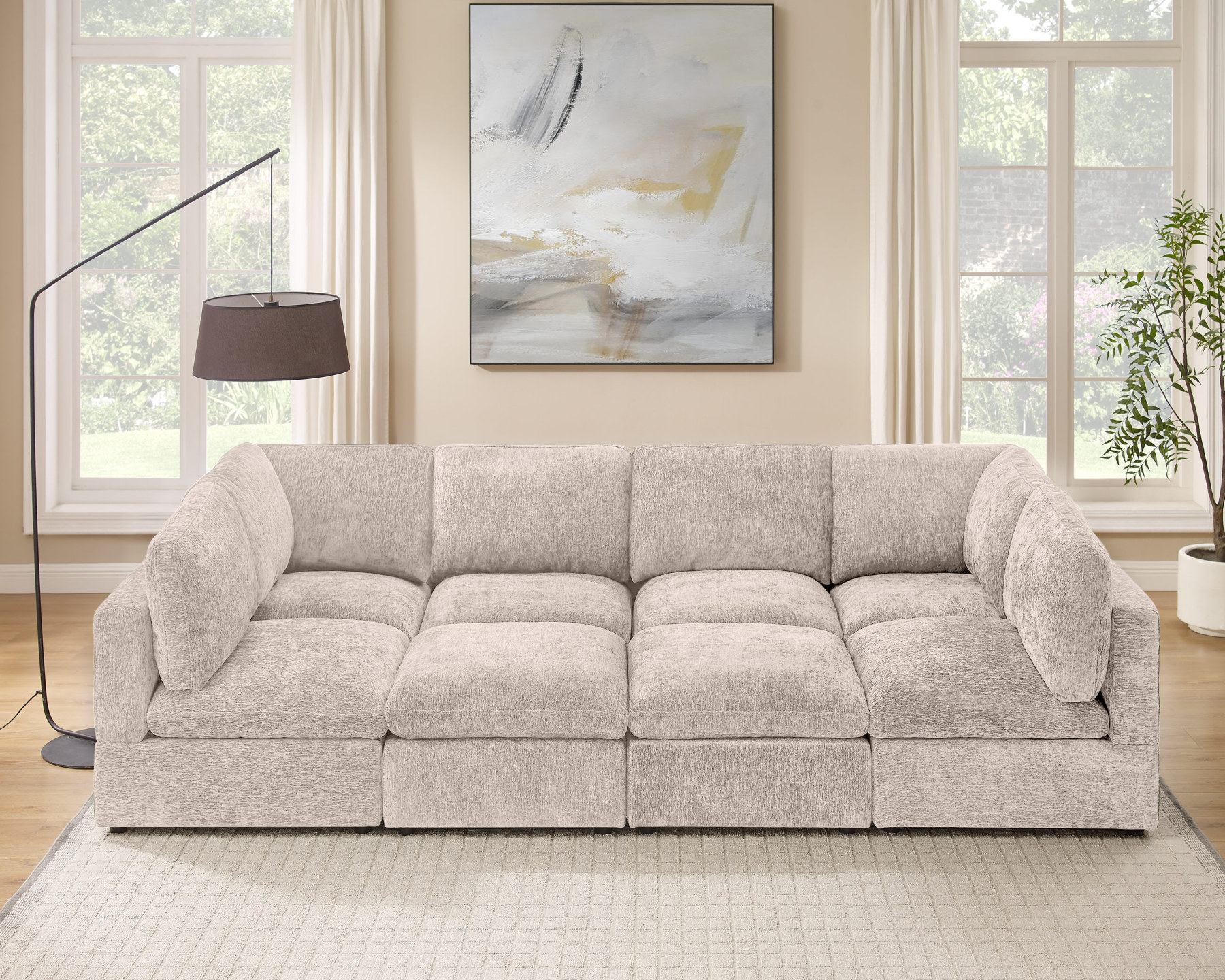 94''-121'' L/U Shaped 8 Seat Chenille Modular Sofa Bed with Ottomans Camel