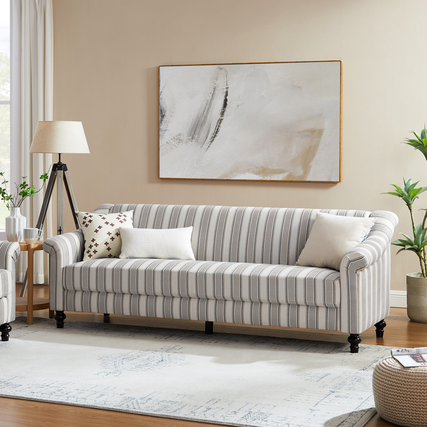 84.25 Linen Striped Sofa Mid Century Modern 3 Seat Couch VANOMi