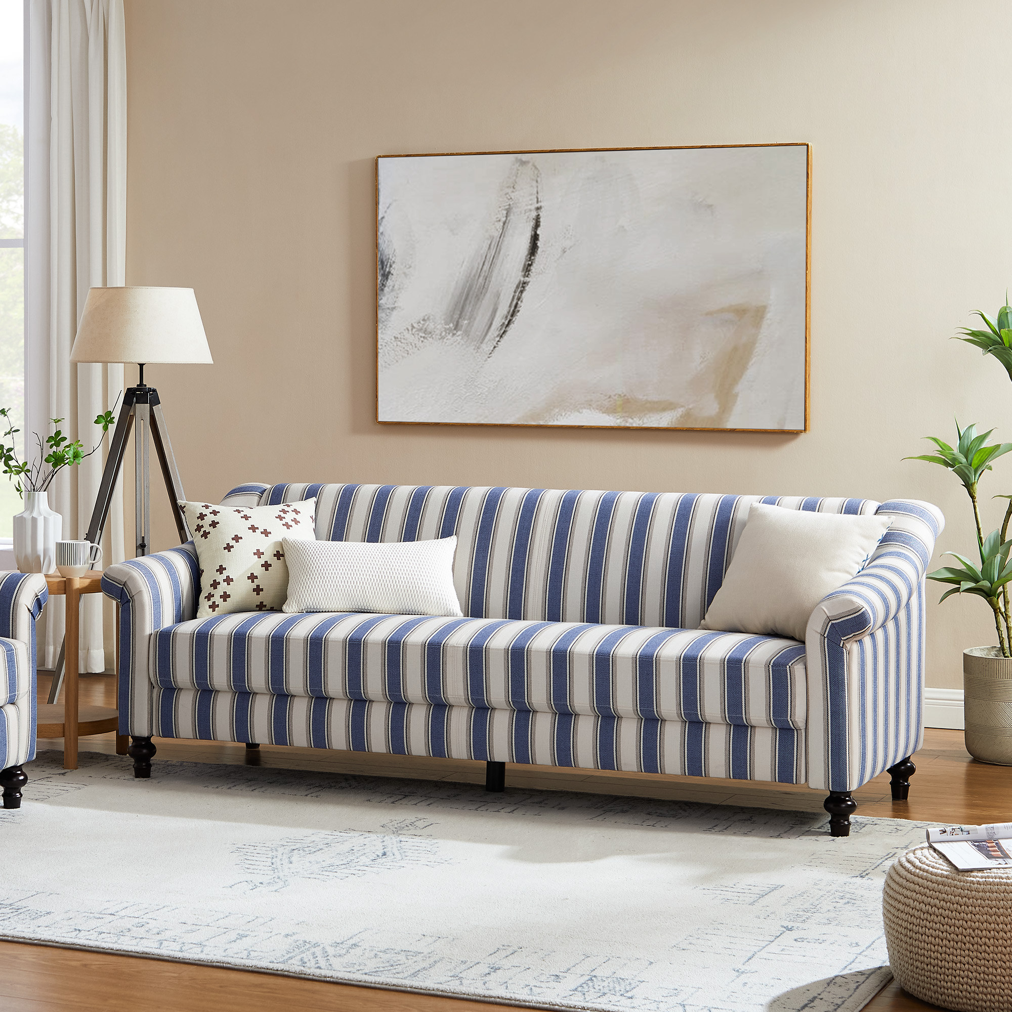 84.25 Linen Striped Sofa Mid Century Modern 3 Seat Couch VANOMi