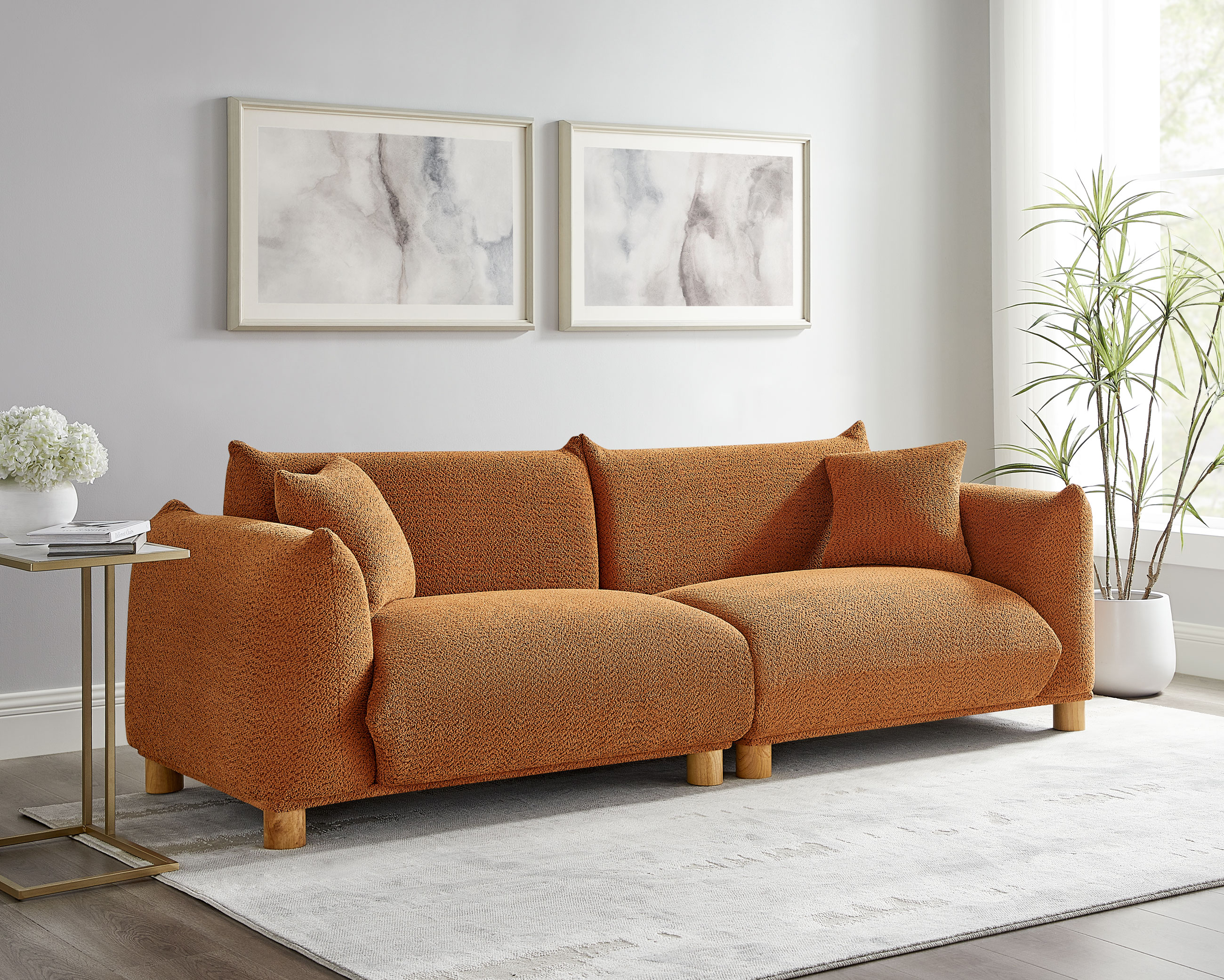 89.37'' 2-Seater Chic Boucle Sofa with Wooden Legs for Modern Home Curry