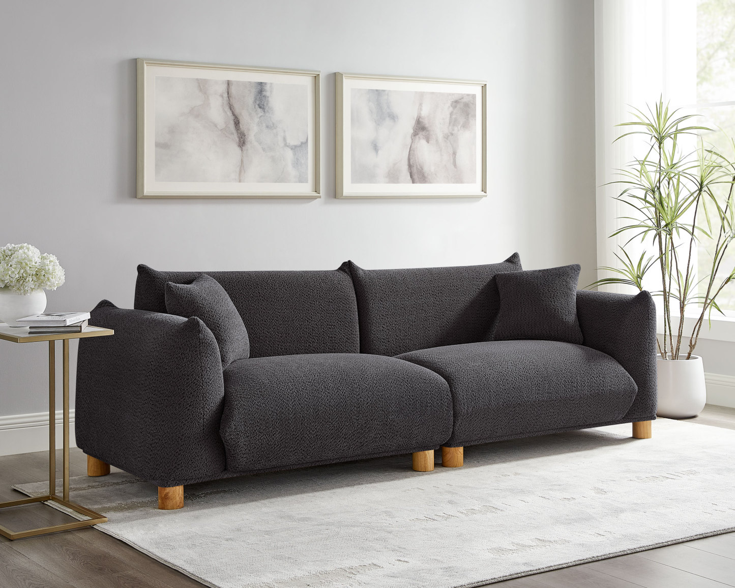89.37'' 2-Seater Chic Boucle Sofa with Wooden Legs for Modern Home Dark Grey