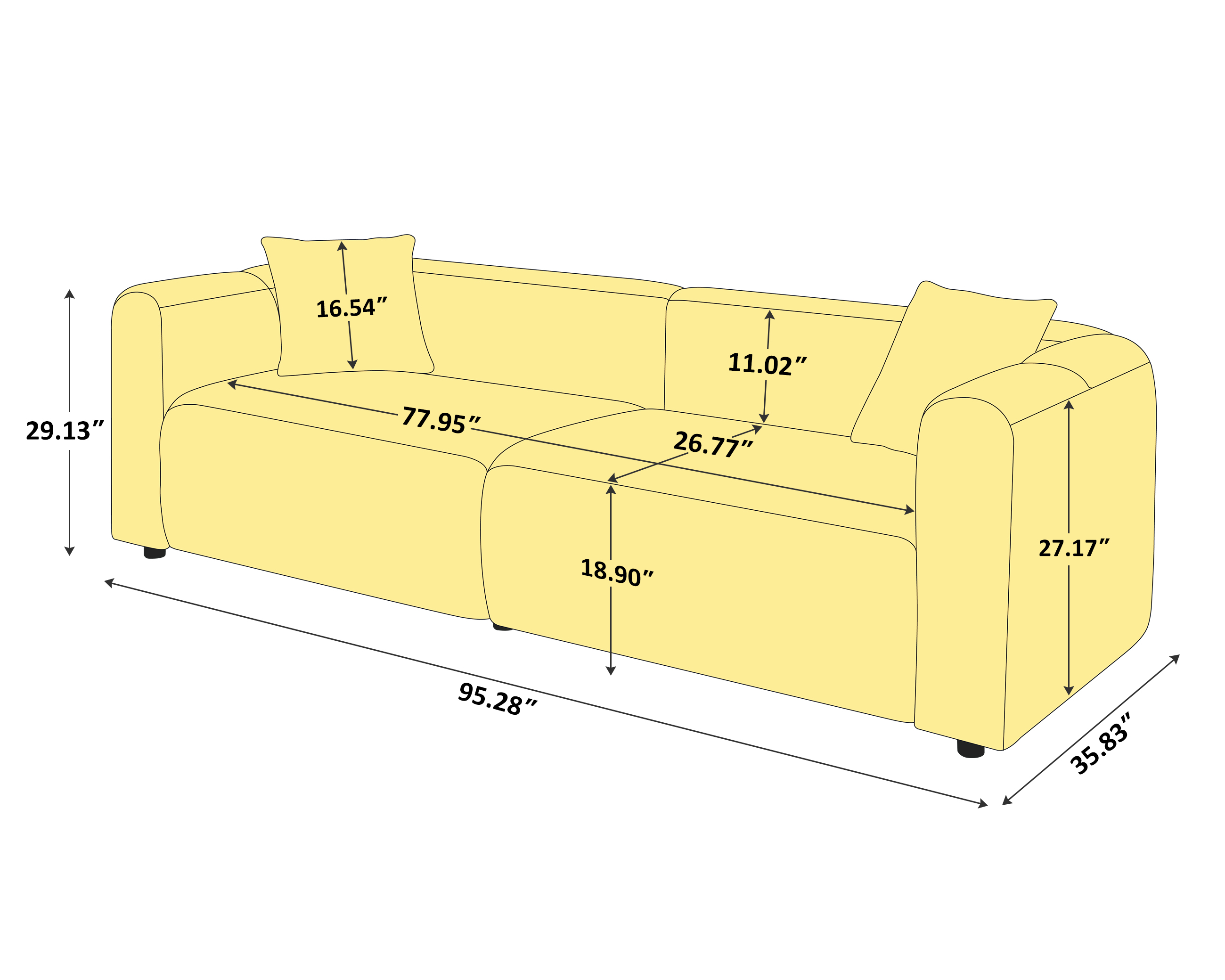 95'' 3-Seater Oversized Boucle Fabric Loveseat Sofa for Living Room Size Details