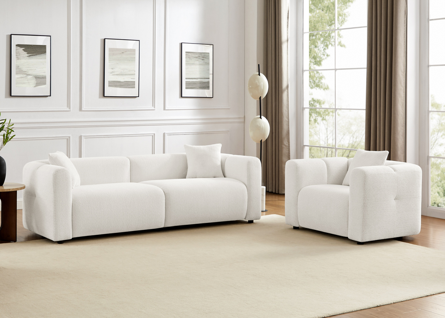 95'' 3-Seater Oversized Boucle Fabric Loveseat Sofa for Living Room White Set ( Sofa + Accent Chair )