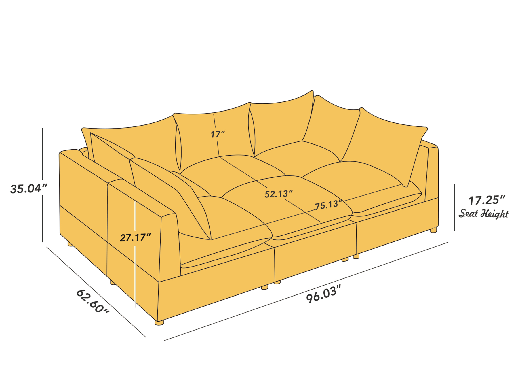 VANOMi 96-inch Small Sofa Bed 6 Seat Linen Modular Sofa with Ottoman Size Details