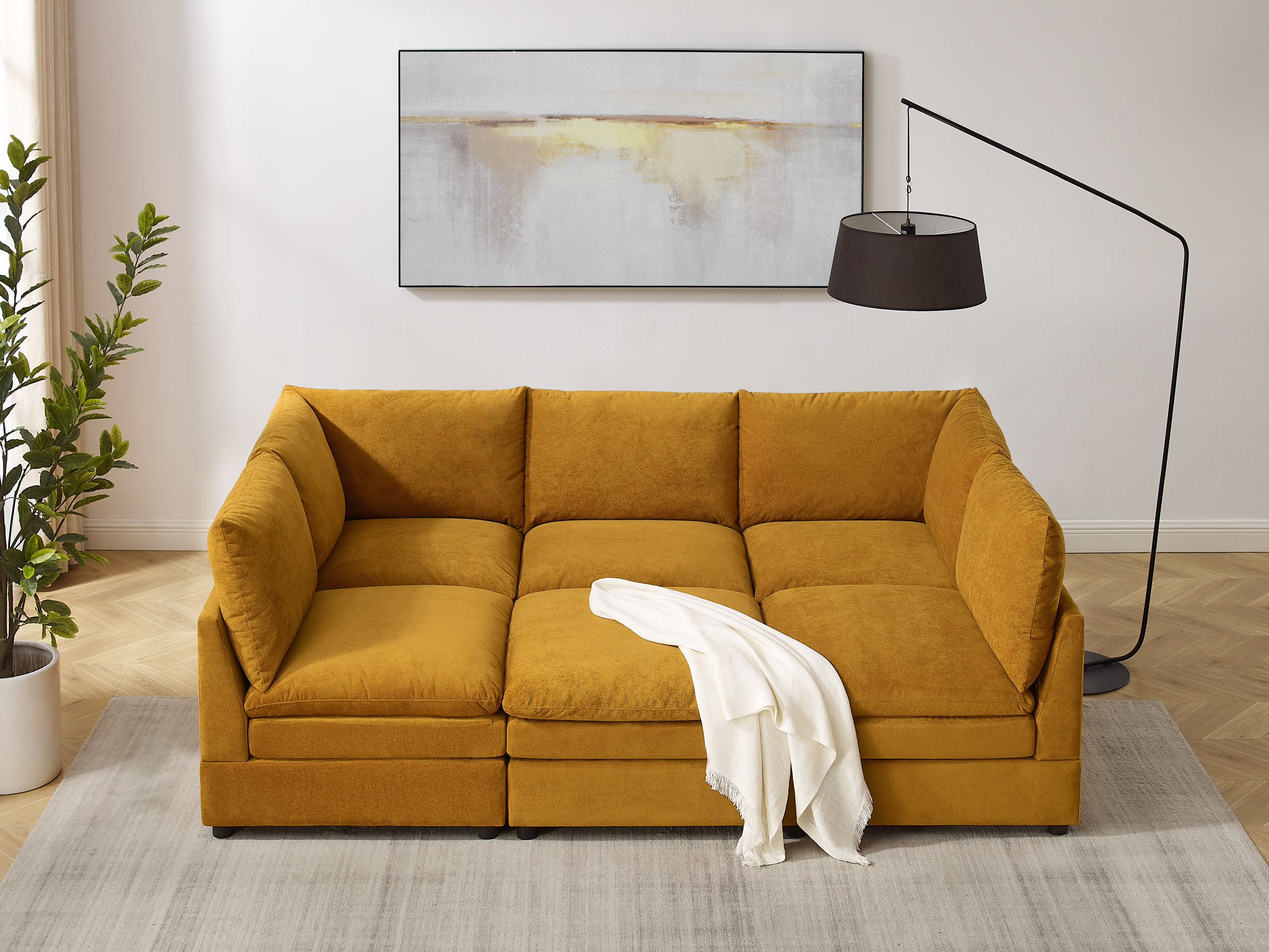 VANOMi 98'' 6 Seat Knit Modular Sofa Bed with Ottomans Curry