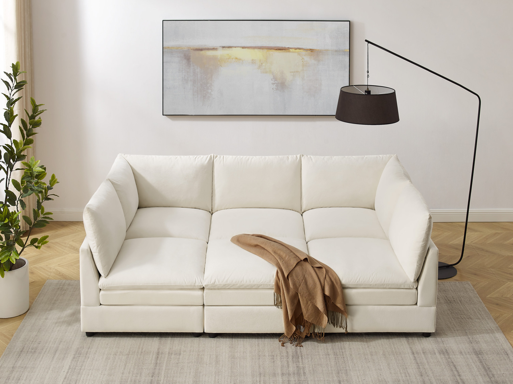 VANOMi 98'' 6 Seat Knit Modular Sofa Bed with Ottomans White