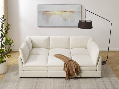 VANOMi 98'' 6 Seat Knit Modular Sofa Bed with Ottomans White