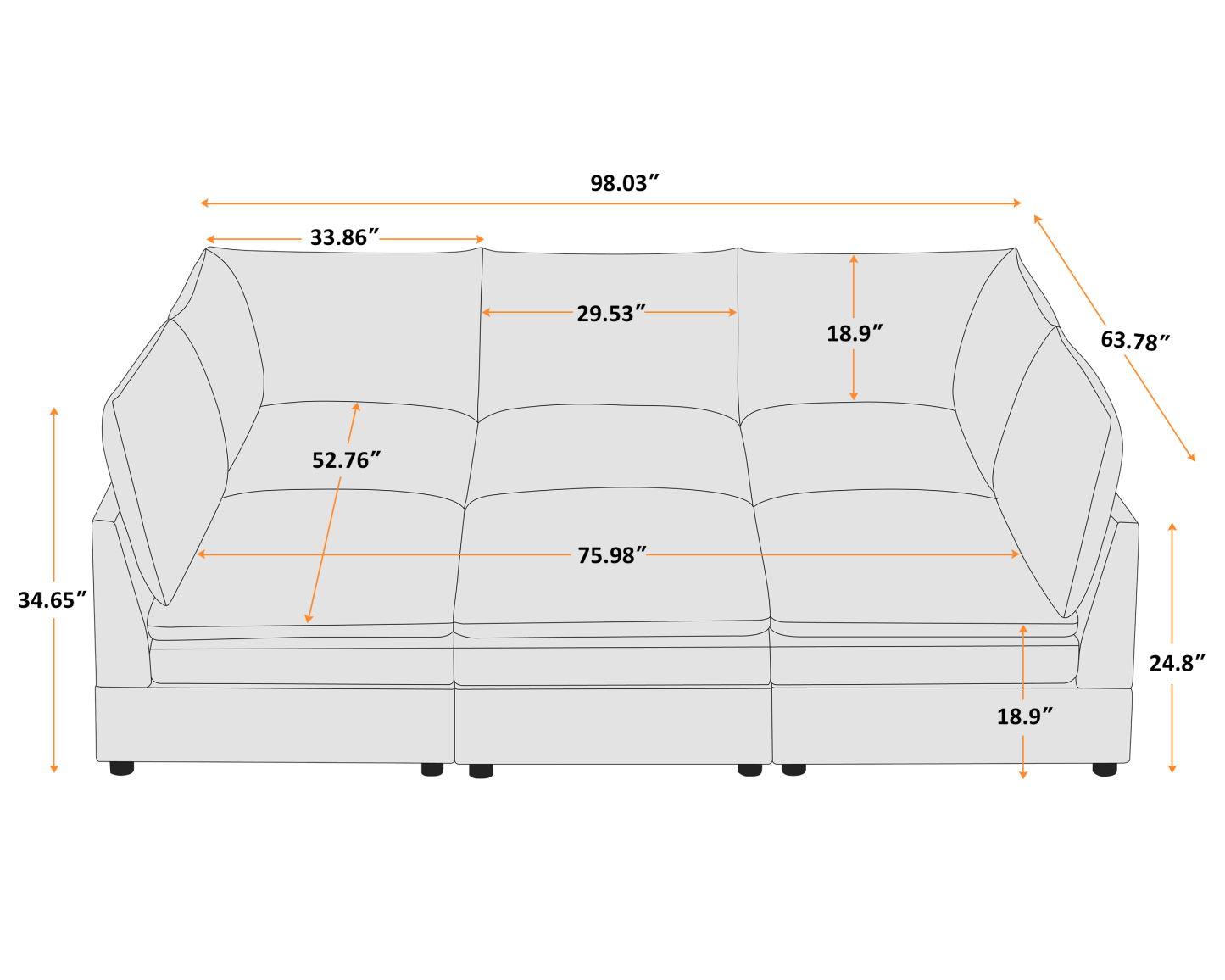 VANOMi 98'' 6 Seat Knit Modular Sofa Bed with Ottomans Size
