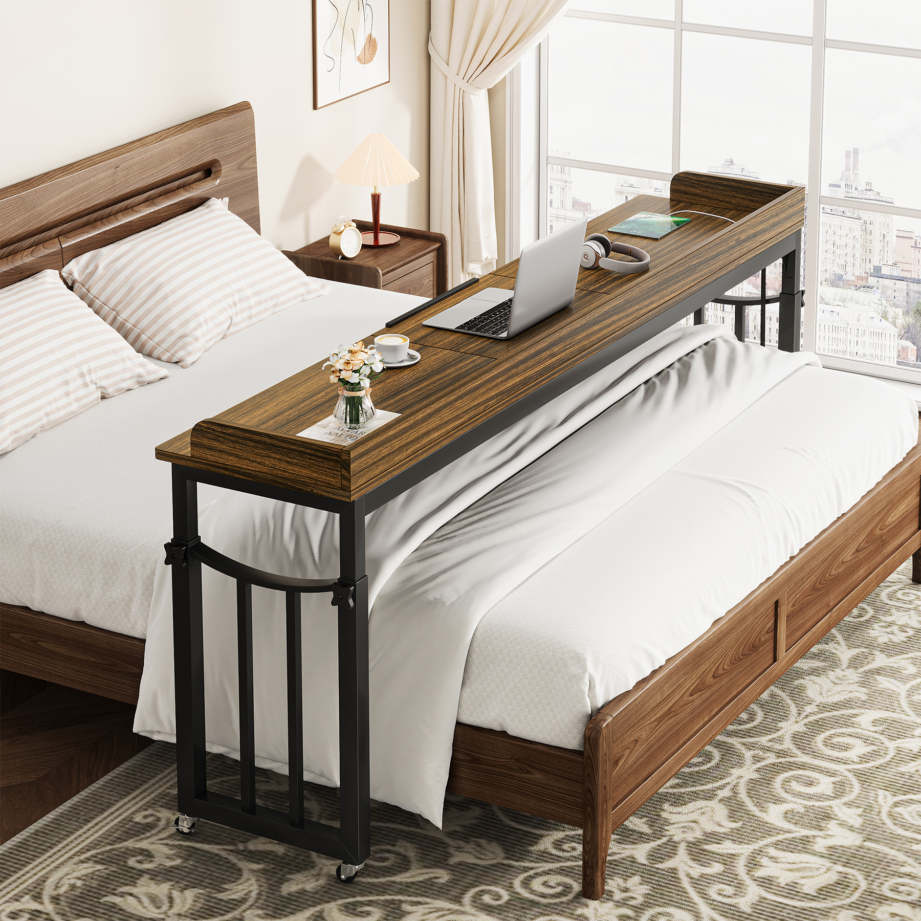 70.8" Adjustable Overbed Table with Wheels, Tilt & Power Outlets