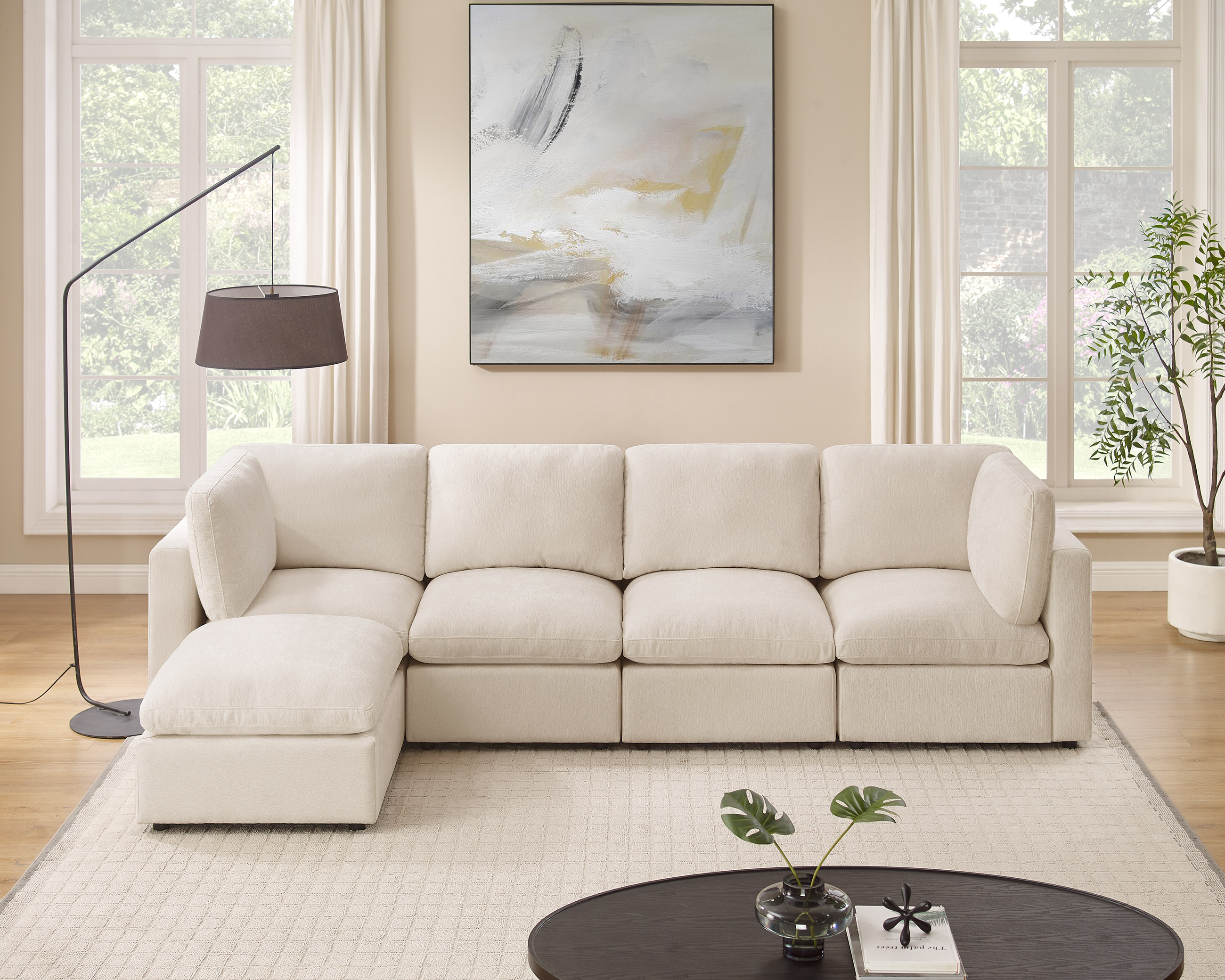 120'' L Shaped 5 Seat Beige Chenille Modular Sofa with Ottomans for Living Room - VANOMi