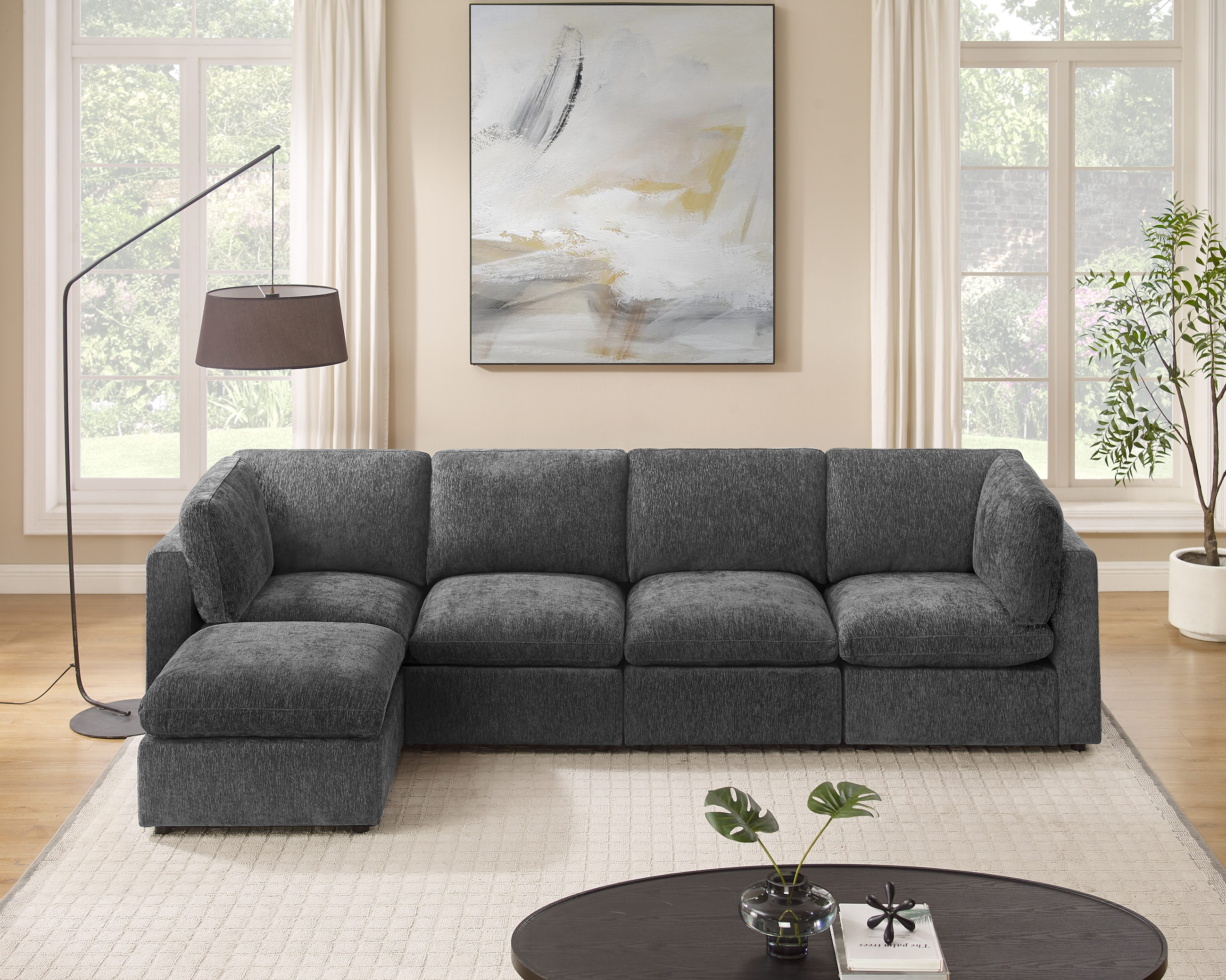 120'' L Shaped 5 Seat Dark Grey Chenille Modular Sofa with Ottomans for Living Room - VANOMi