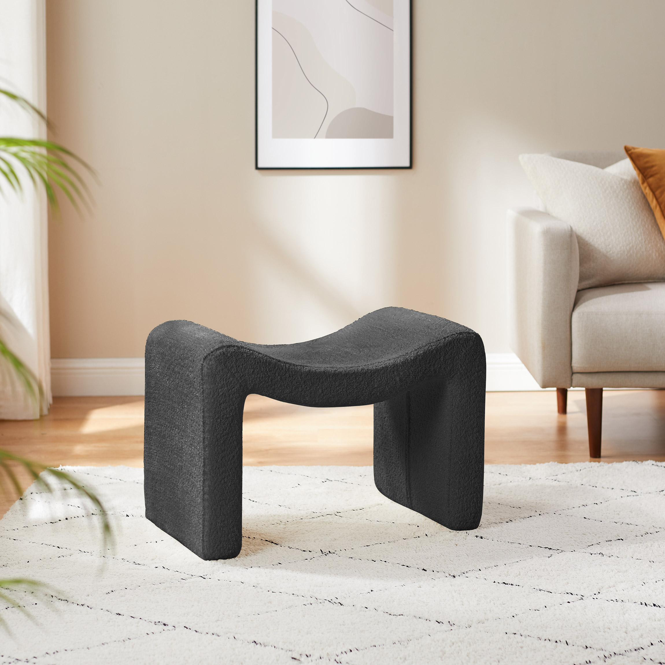 VANOMi Large Dark Grey Boucle Ottoman Foot Stool for Hallway, Living Room, Bedroom