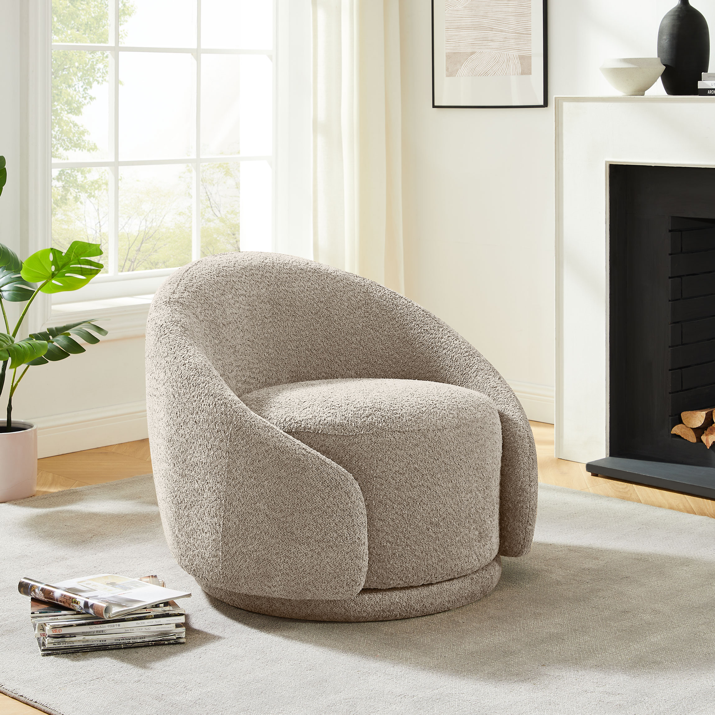 VANOMi Modern Swivel Barrel Chair 360° Upholstered Accent Armchair for Living Room+Bedroom Boucle Camel
