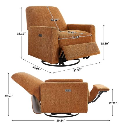 Electric Power Swivel Glider Rocker Recliner Chair with USB & Type-C Port Curry Boucle Size
