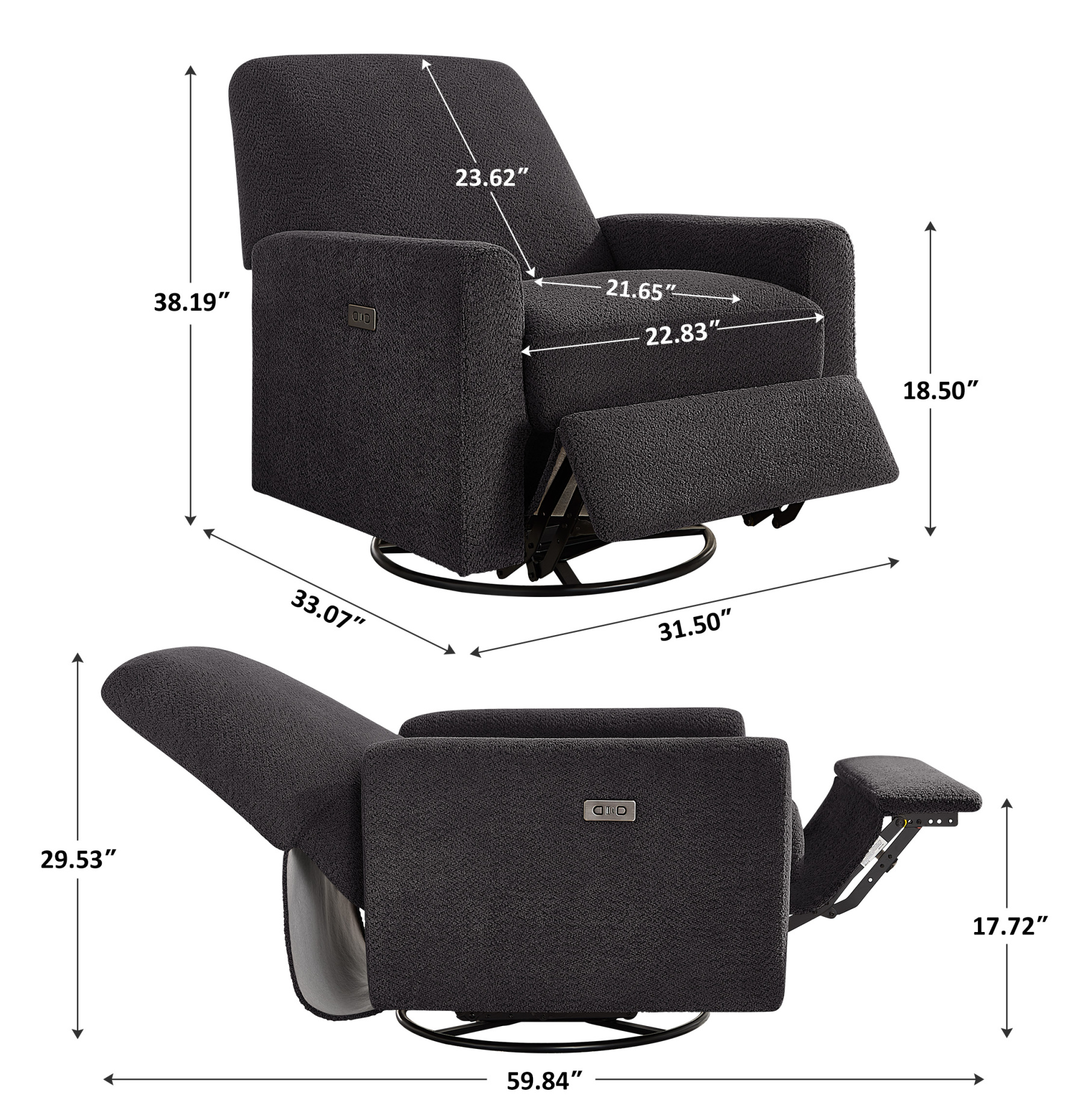 Electric Power Swivel Glider Rocker Recliner Chair with USB & Type-C Port Dark Grey Boucle Size