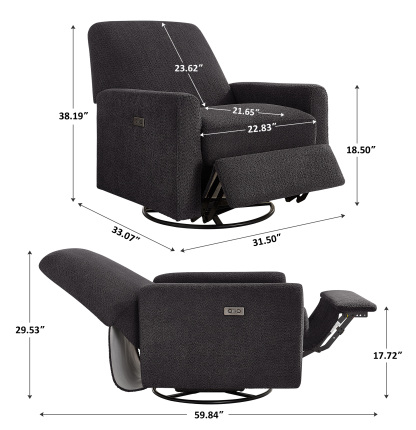 Electric Power Swivel Glider Rocker Recliner Chair with USB & Type-C Port Dark Grey Boucle Size