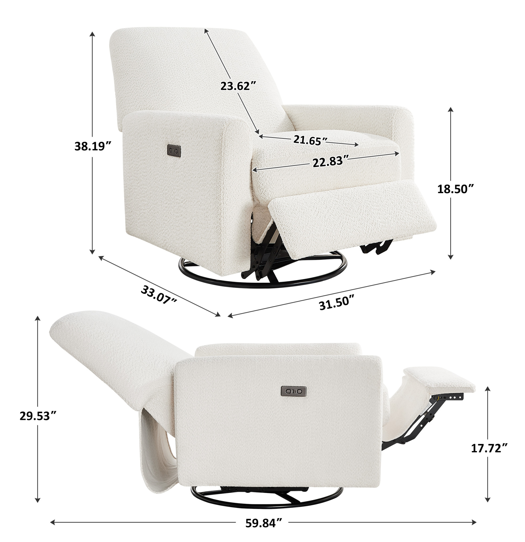 Electric Power Swivel Glider Rocker Recliner Chair with USB & Type-C Port White Boucle Size
