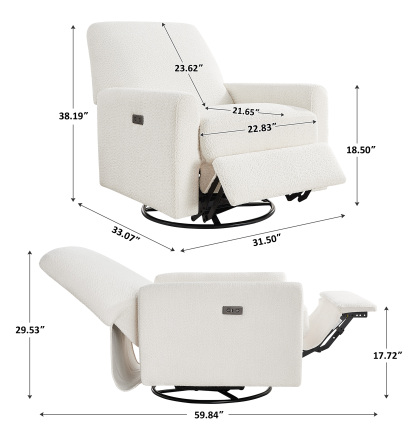 Electric Power Swivel Glider Rocker Recliner Chair with USB & Type-C Port White Boucle Size