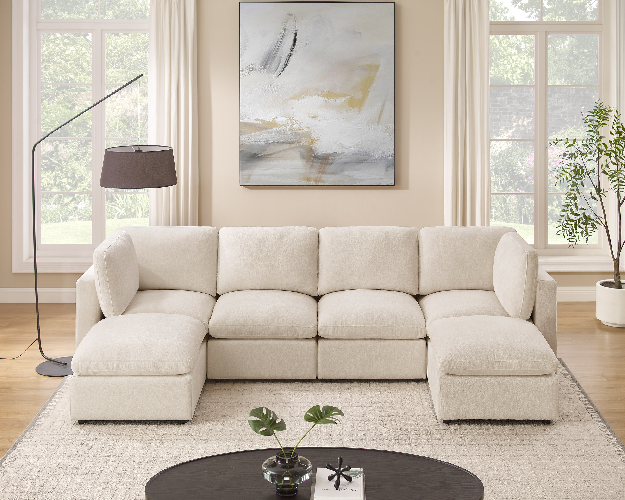 120'' U Shaped 6 Seat Beige Chenille Modular Sofa with Ottomans for Living Room - VANOMi