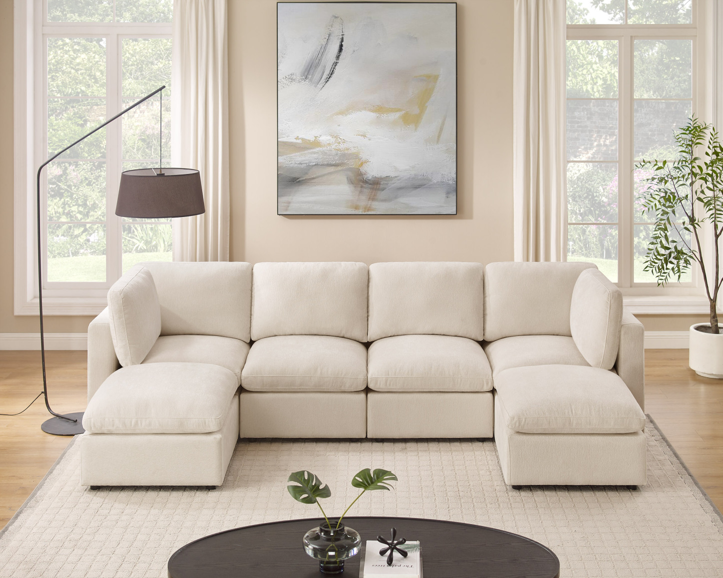 120'' U Shaped 6 Seat Beige Chenille Modular Sofa with Ottomans for Living Room - VANOMi