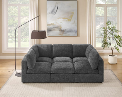 90'' U Shaped 6 Seat Dark Grey Chenille Modular Sofa with Ottomans for Living Room - VANOMi