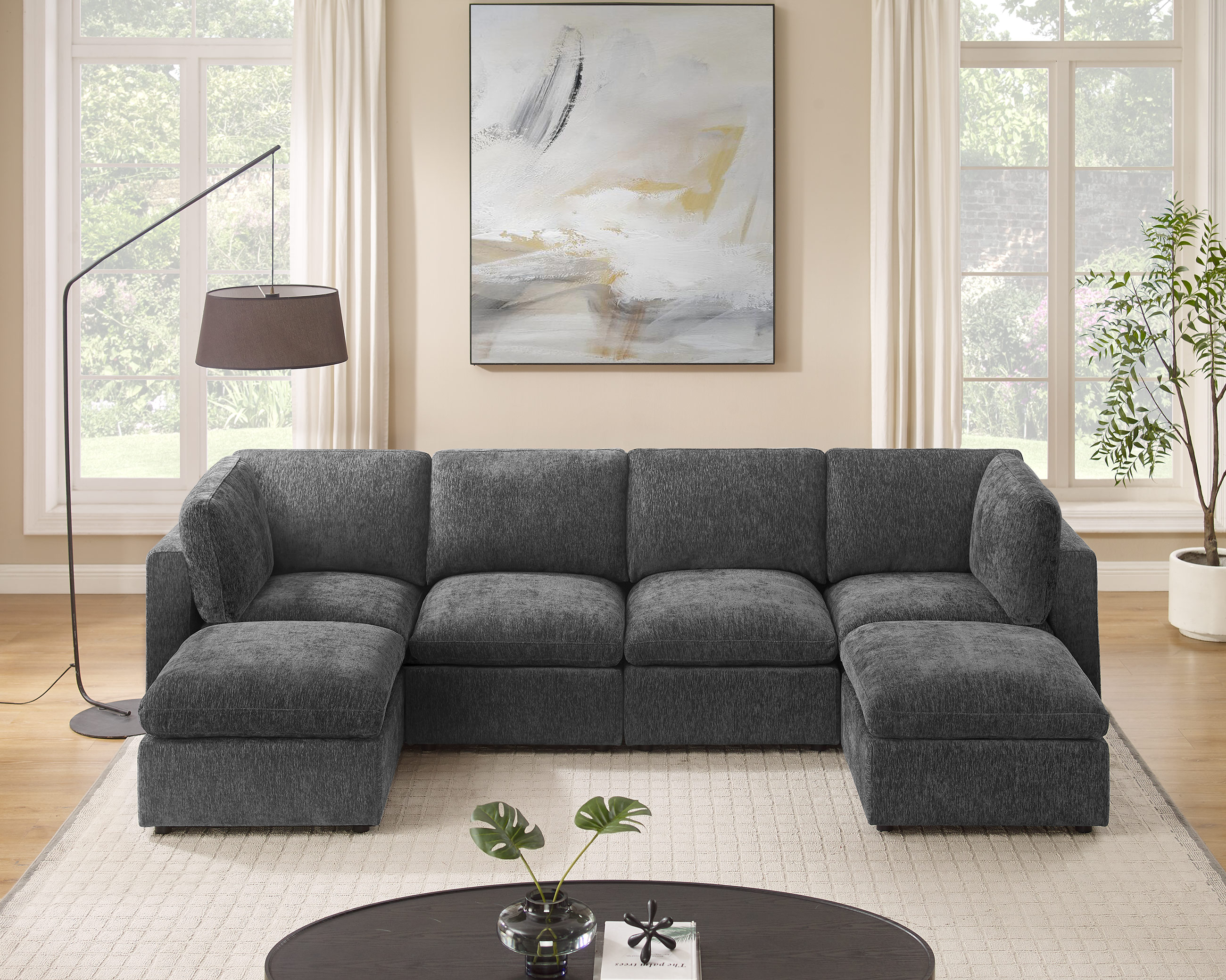 120'' U Shaped 6 Seat Dark Grey Chenille Modular Sofa with Ottomans for Living Room - VANOMi