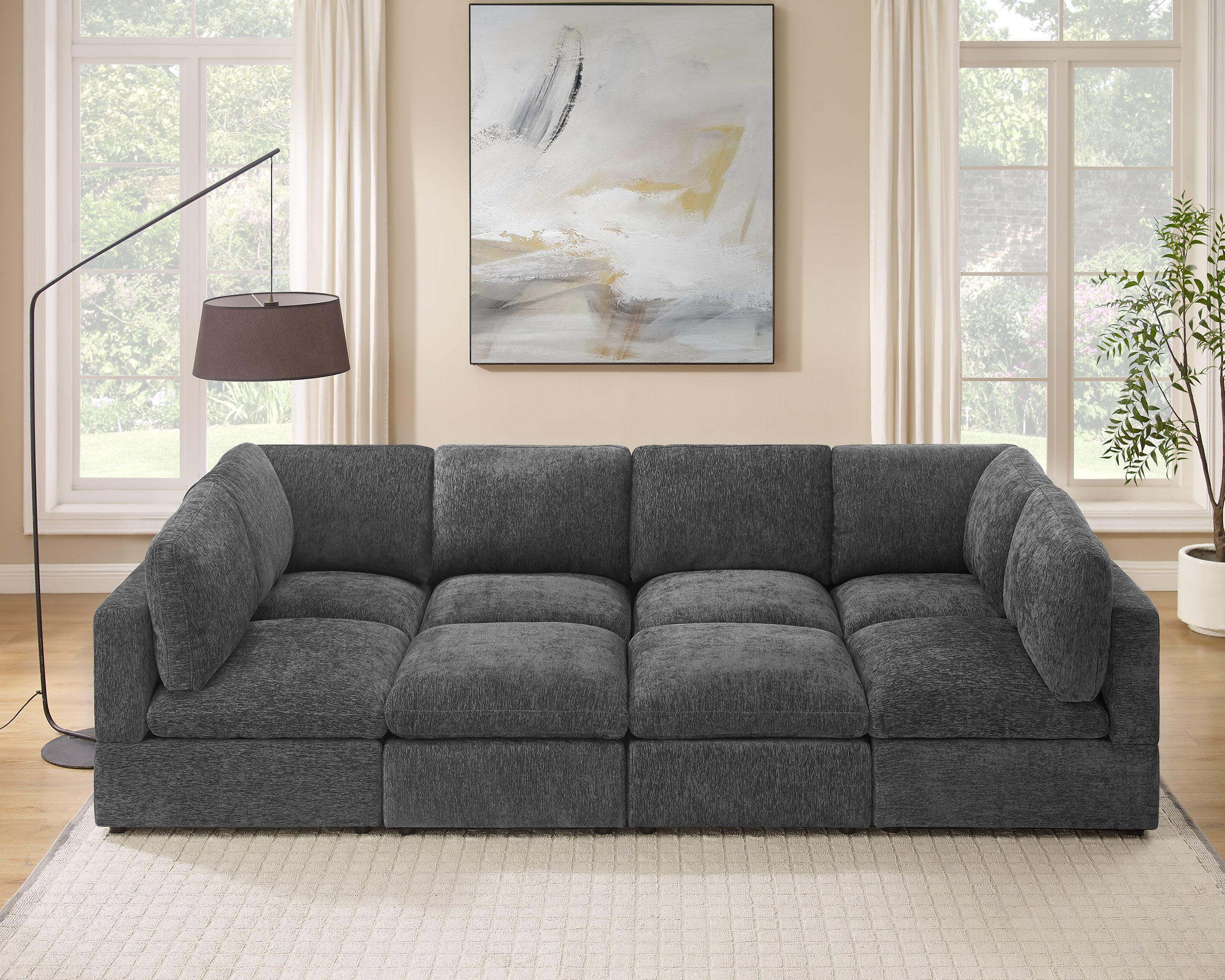 120'' U Shaped 8 Seat Dark Grey Chenille Modular Sofa with Ottomans for Living Room - VANOMi