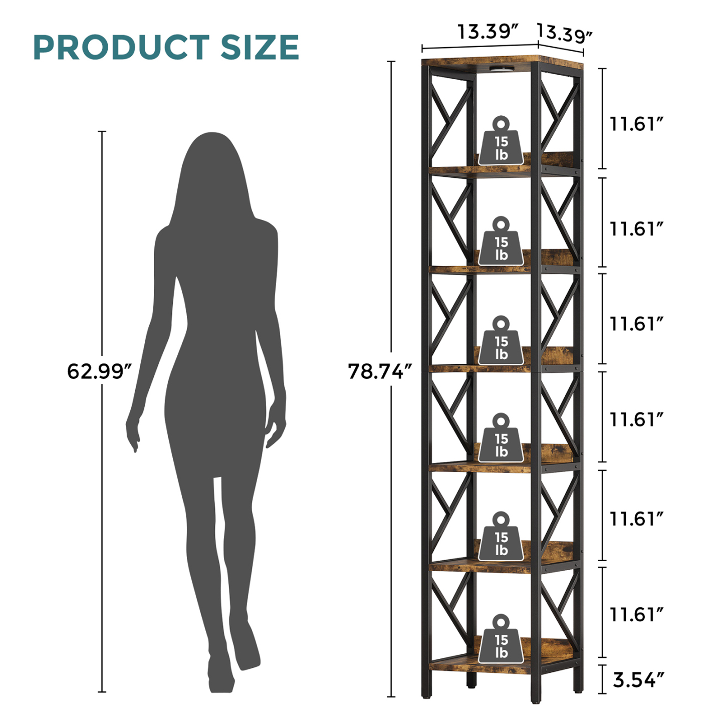 VANOMi 78.7" Extra Tall Narrow Bookshelf with LED Light  Size & Capacity