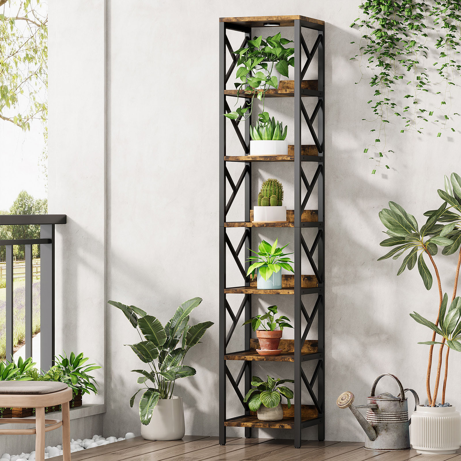 VANOMi 78.7" Extra Tall Narrow Bookshelf with LED Light   as Balcony Plant Stand