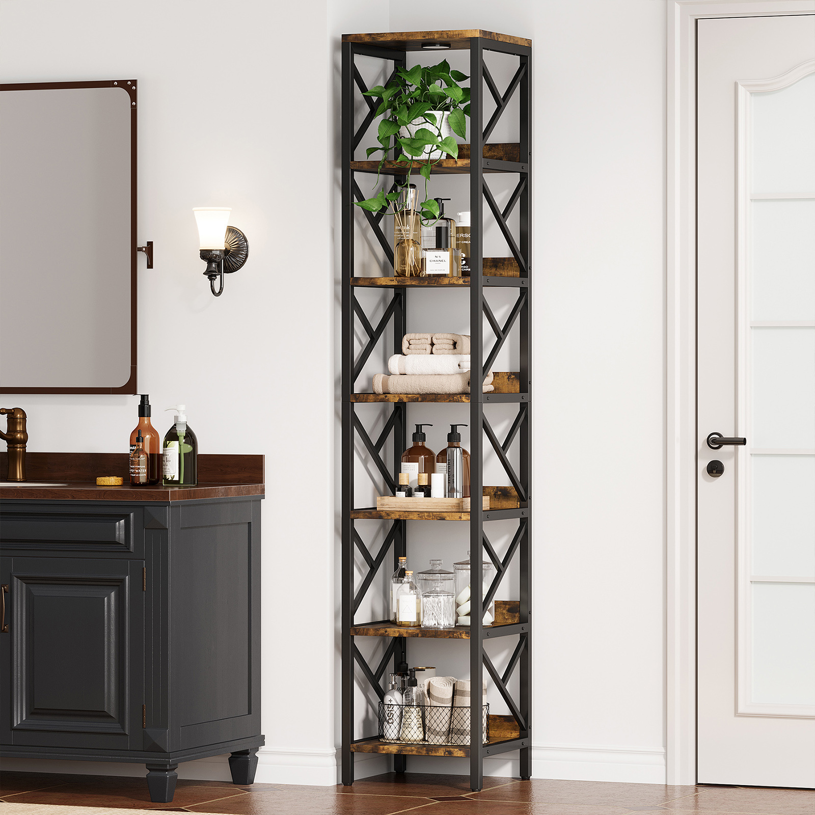 VANOMi 78.7" Extra Tall Narrow Bookshelf with LED Light for Bathroom