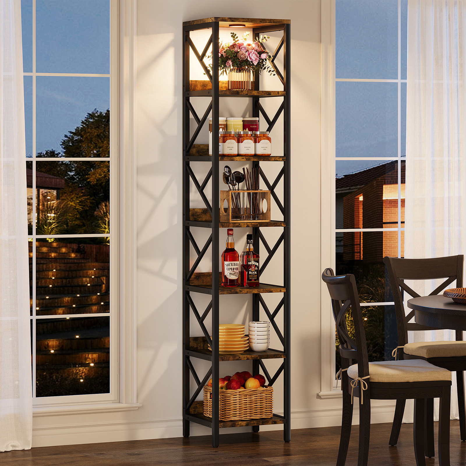 VANOMi 78.7" Extra Tall Narrow Bookshelf with LED Light for Dining Room