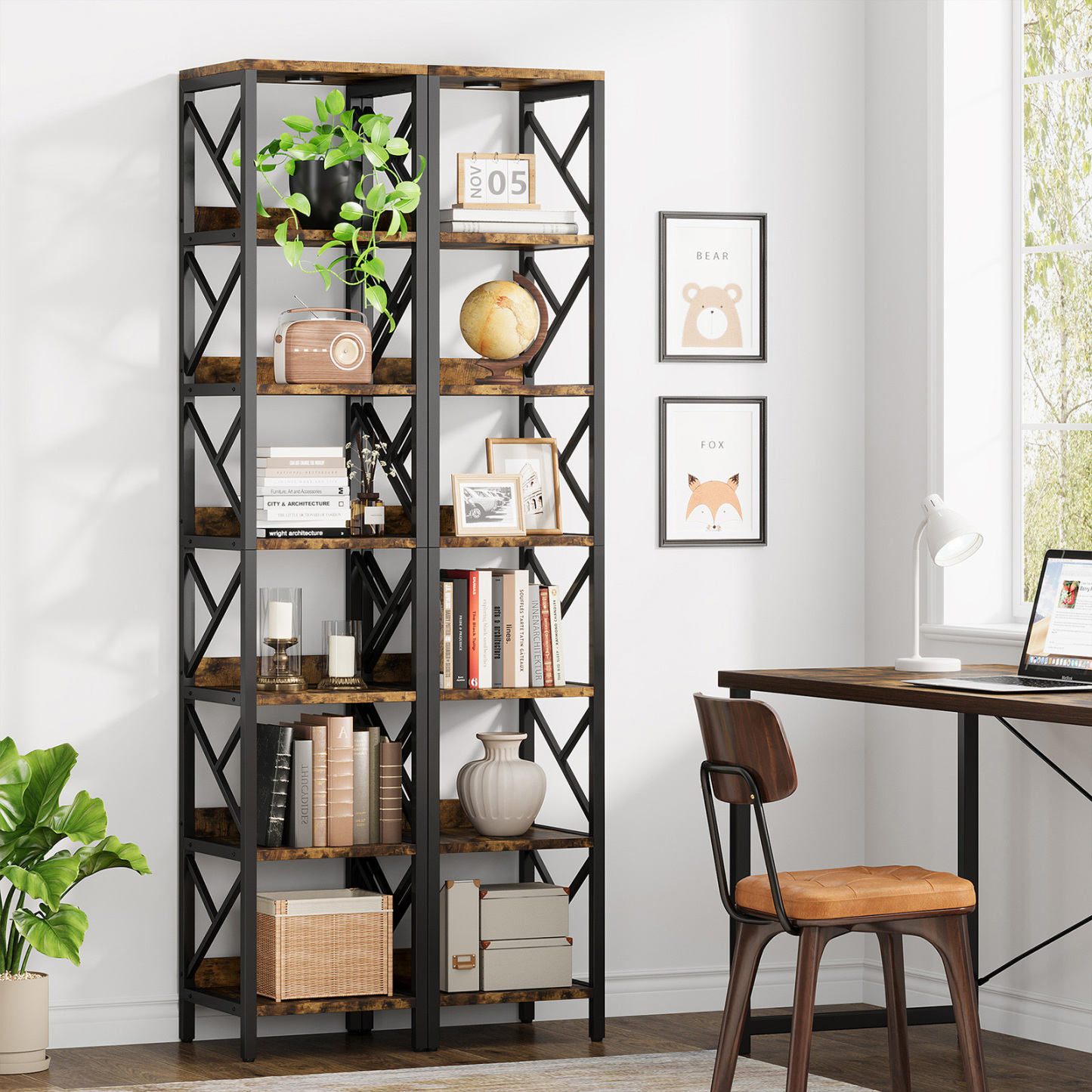 VANOMi 78.7" Extra Tall Narrow Bookshelf with LED Light Industrial 7-Tier Home & Office Shelf