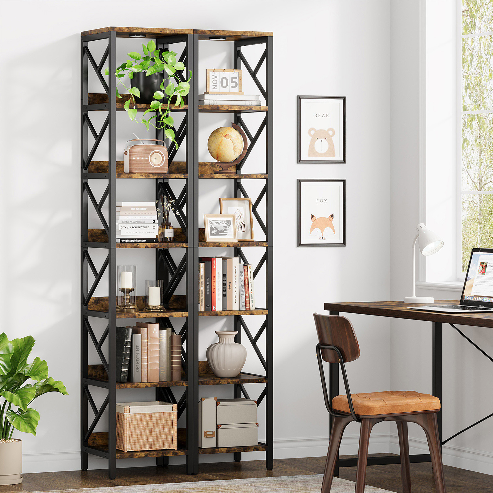 VANOMi 78.7" Extra Tall Narrow Bookshelf with LED Light Industrial 7-Tier Home & Office Shelf