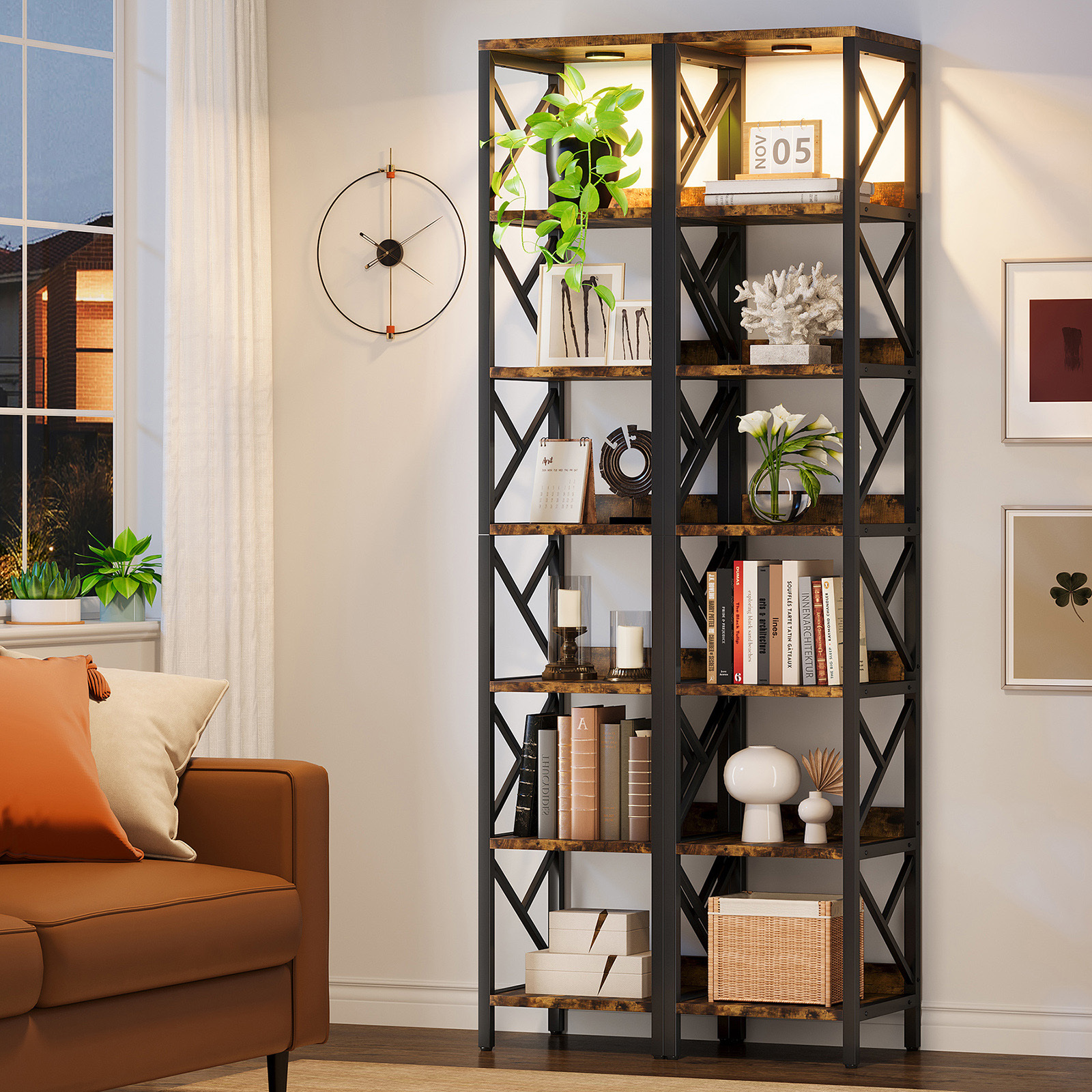 VANOMi 78.7" Extra Tall Narrow Bookshelf with LED Light Industrial 7-Tier Living Room Shelf