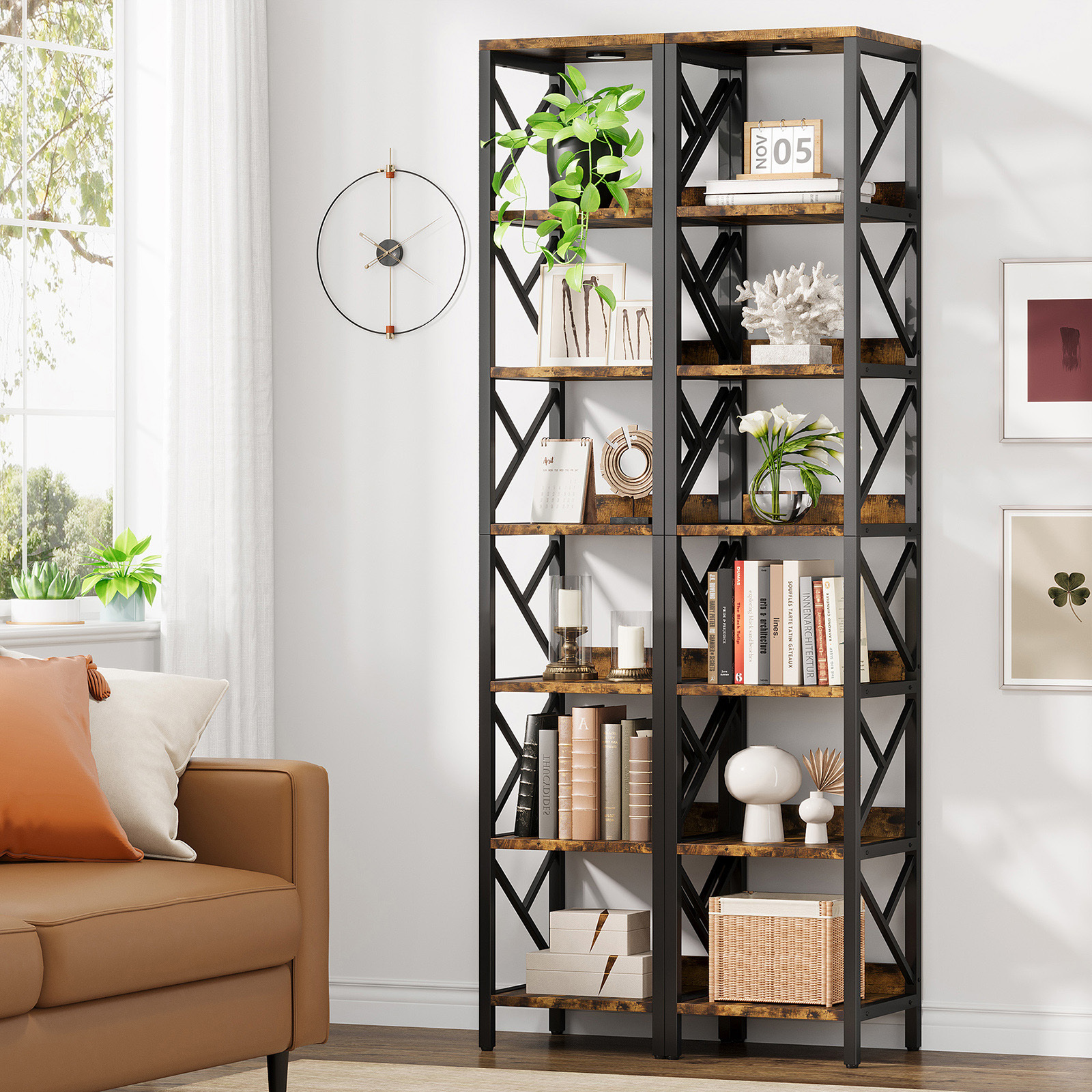 VANOMi 78.7" 7-Tier Extra Tall Narrow Bookshelf with LED Light for Living Room Display