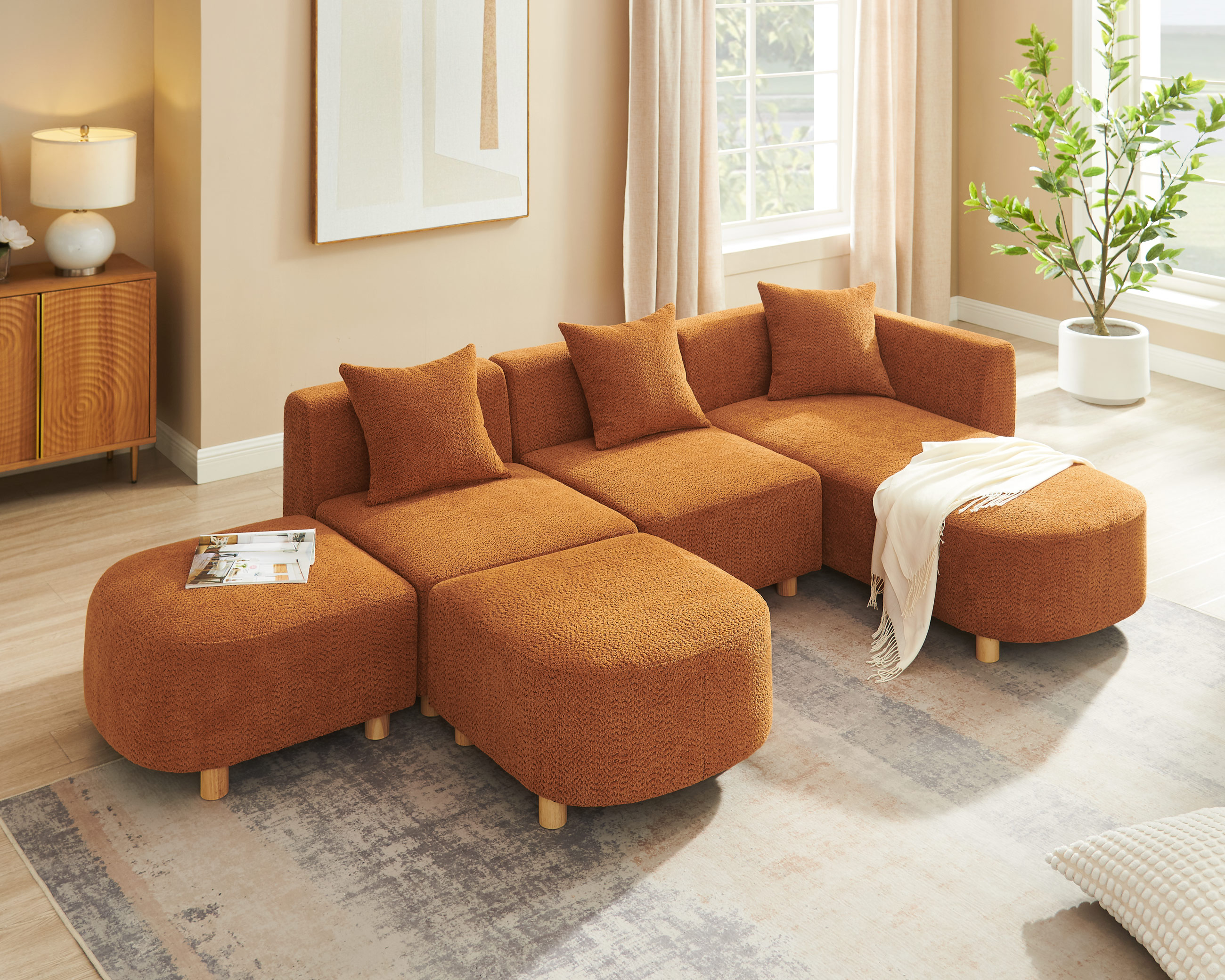 Boucle Modular Sectional Sofa with Ottoman - 5 Seater Cloud-Like