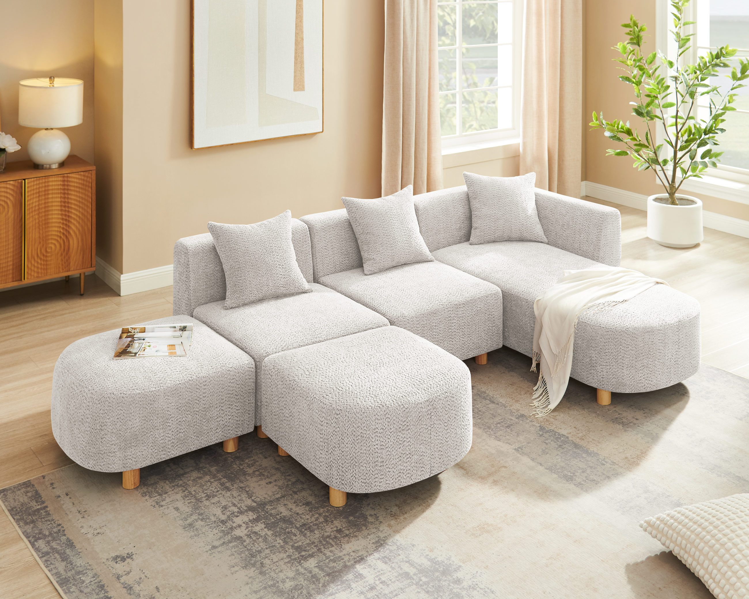Boucle Modular Sectional Sofa with Ottoman - 5 Seater Cloud-Like Comfort for Living Room